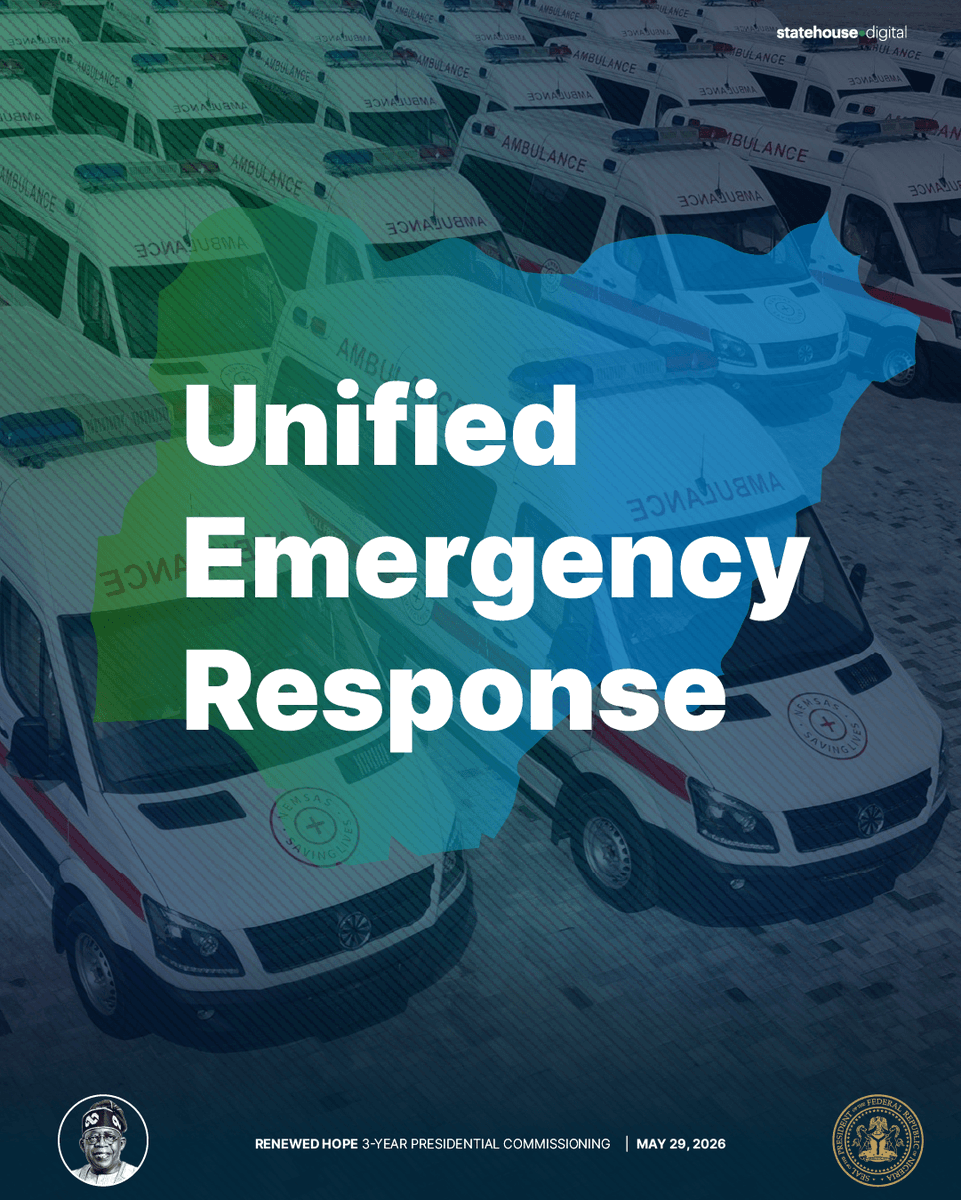 NGRPresident's tweet photo. President Tinubu is strengthening Nigeria's emergency healthcare system with the deployment of 73 CNG-powered ambulances across tertiary hospitals nationwide.

🚑 Faster emergency response.

🏥 Stronger healthcare infrastructure.

🇳🇬 One unified national emergency response system.

🌱 Cleaner, more cost-effective healthcare mobility solutions.

A new chapter in accessible, efficient, and life-saving healthcare for all Nigerians.

#RenewedHope #TinubuAt3