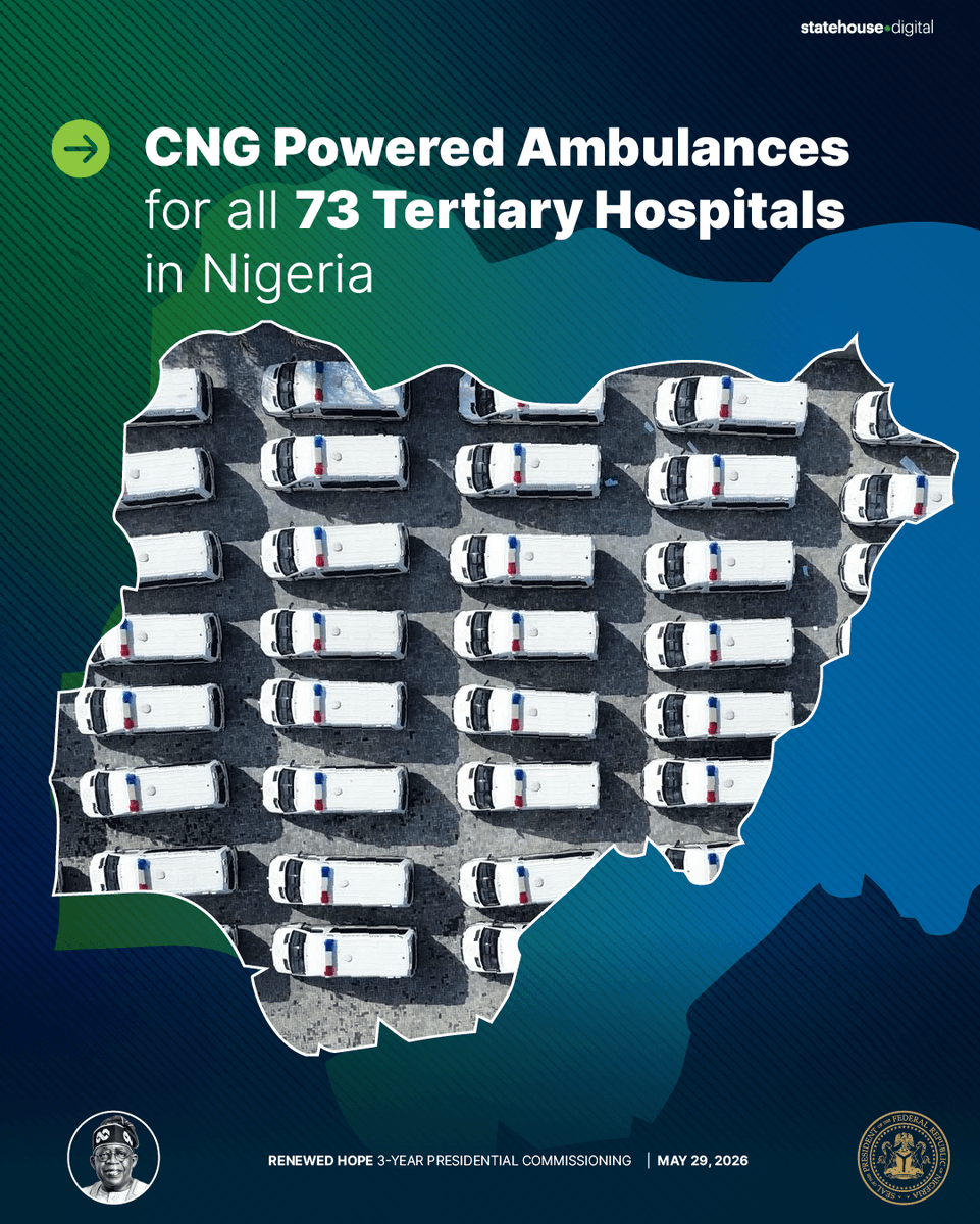 NGRPresident's tweet photo. President Tinubu is strengthening Nigeria's emergency healthcare system with the deployment of 73 CNG-powered ambulances across tertiary hospitals nationwide.

🚑 Faster emergency response.

🏥 Stronger healthcare infrastructure.

🇳🇬 One unified national emergency response system.

🌱 Cleaner, more cost-effective healthcare mobility solutions.

A new chapter in accessible, efficient, and life-saving healthcare for all Nigerians.

#RenewedHope #TinubuAt3