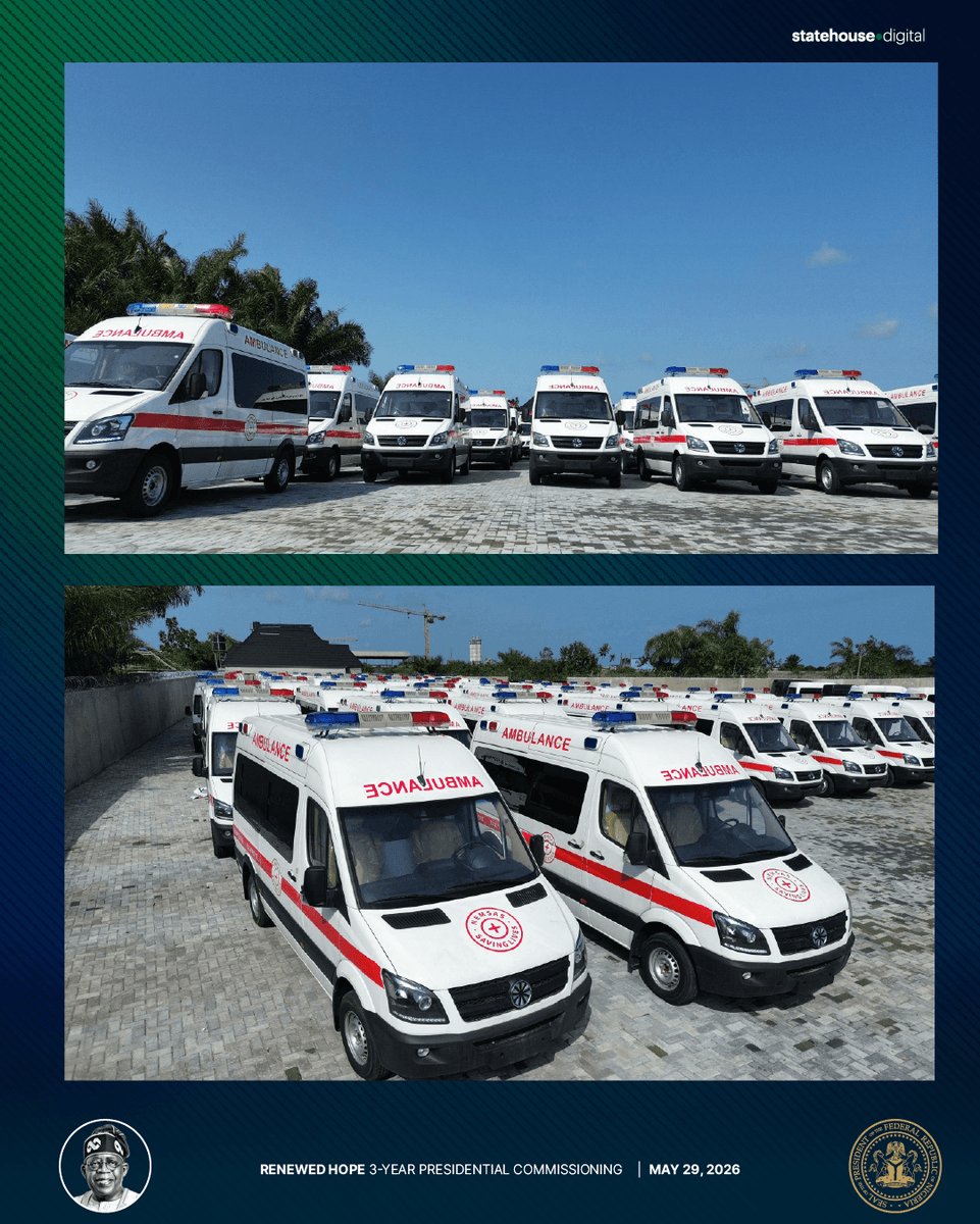 NGRPresident's tweet photo. President Tinubu is strengthening Nigeria's emergency healthcare system with the deployment of 73 CNG-powered ambulances across tertiary hospitals nationwide.

🚑 Faster emergency response.

🏥 Stronger healthcare infrastructure.

🇳🇬 One unified national emergency response system.

🌱 Cleaner, more cost-effective healthcare mobility solutions.

A new chapter in accessible, efficient, and life-saving healthcare for all Nigerians.

#RenewedHope #TinubuAt3