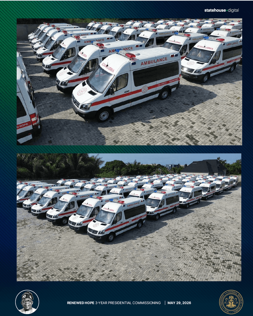 NGRPresident's tweet photo. President Tinubu is strengthening Nigeria's emergency healthcare system with the deployment of 73 CNG-powered ambulances across tertiary hospitals nationwide.

🚑 Faster emergency response.

🏥 Stronger healthcare infrastructure.

🇳🇬 One unified national emergency response system.

🌱 Cleaner, more cost-effective healthcare mobility solutions.

A new chapter in accessible, efficient, and life-saving healthcare for all Nigerians.

#RenewedHope #TinubuAt3