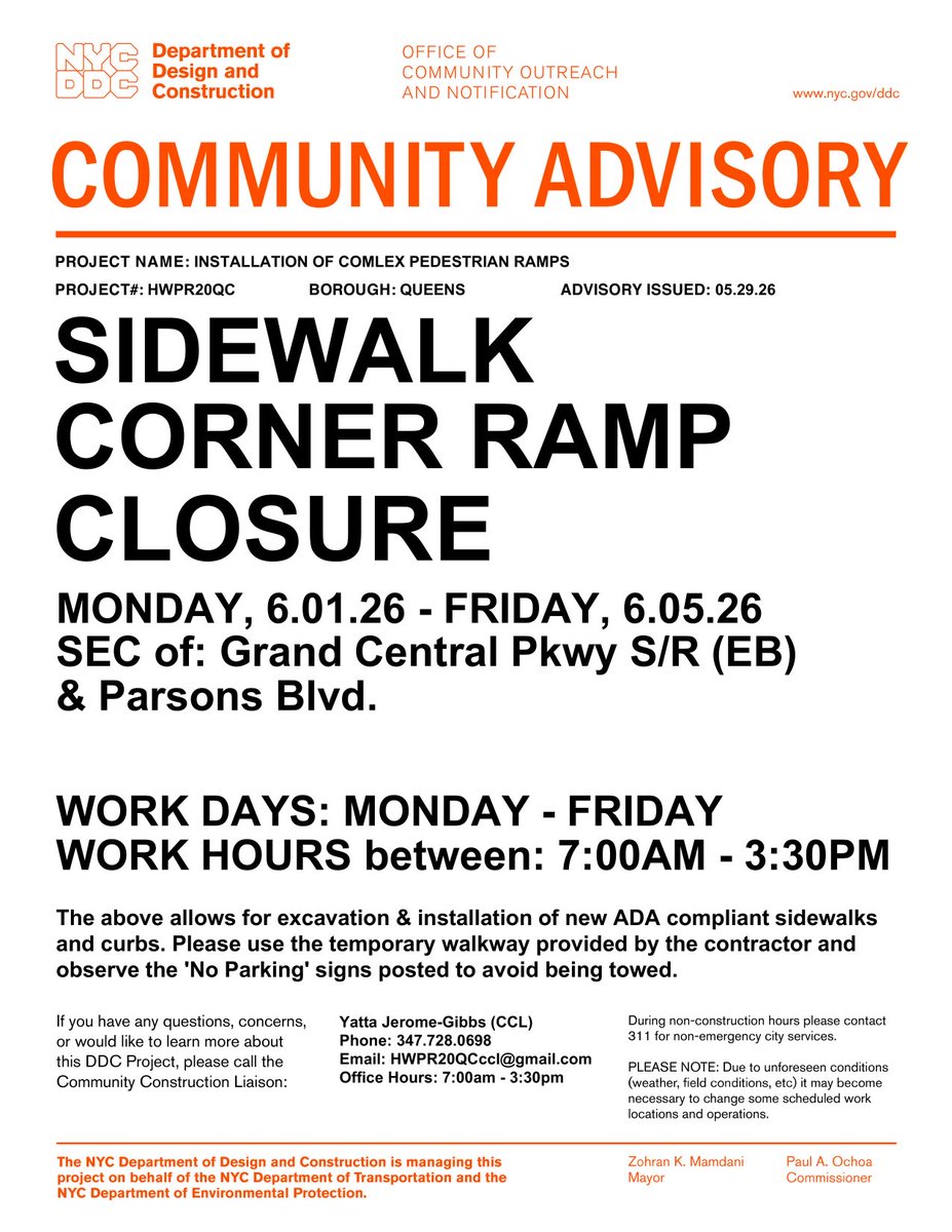 LeroyComrie's tweet photo. Community Advisory: Sidewalk corner ramp construction is scheduled at the southeast corner of the Grand Central Pkwy Service Rd (EB) &amp; Parsons Blvd from June 1–5.

Work hours: 7:00 a.m.–3:30 p.m.

Please plan for possible disruptions and follow posted parking restrictions https://t.co/jYFDfo8uVI