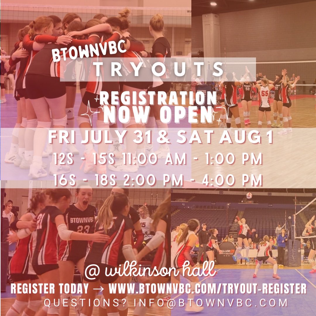 BtownVbc's tweet photo. Tryout registration for BTownVBC 26-27 season is OPEN! Join us on July 31st &amp; August 1st for our summer tryouts for 12s-18s. Questions? Email info@btownvbc.com 

Link to register in bio. https://t.co/uDOa6hjU92