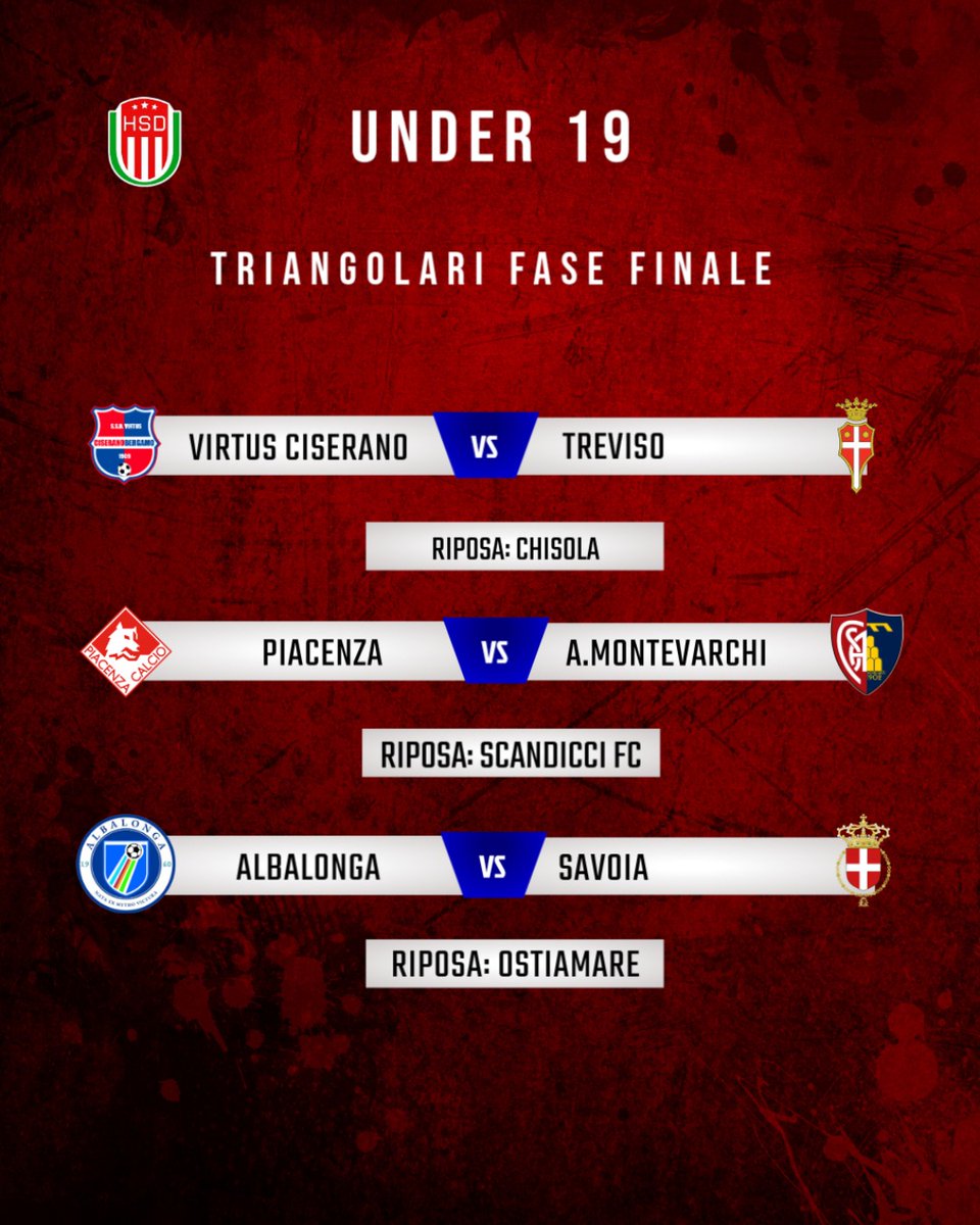HubSerieD's tweet photo. 🔥 JUNIORES U19 🔥 
Sabato 30/5 ore 16: Fase Finale! ⚽️
 V.Ciserano-Treviso ⚽️ 
Piacenza-Montevarchi ⚽️ 
Albalonga-Savoia 
Ritorno V.Francavilla-Milazzo il 6/6.

#LND #JunioresU19 https://t.co/NaW6VvgWQh