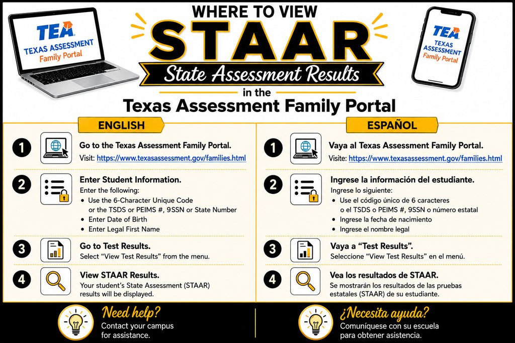 Rowe006's tweet photo. 📢 Families will be able to access student STAAR results through the Texas Assessment Family Portal on the following dates: 
🗓️ STAAR EOC results available: June 10, 2026
🗓️ STAAR Grades 3–8 results available: June 18, 2026 https://t.co/5C5KmPmI2C