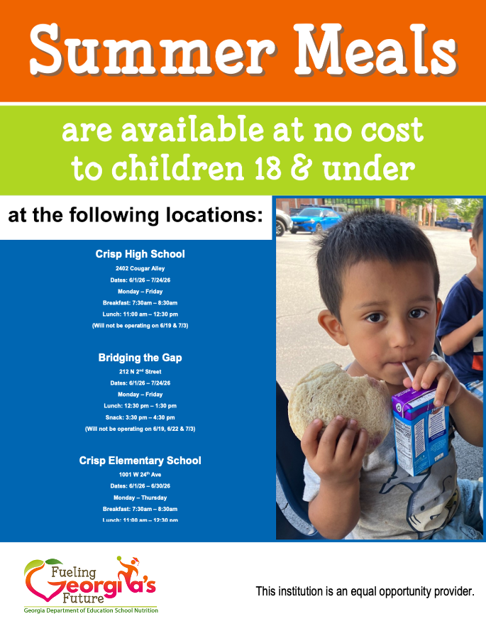 CrispSchools's tweet photo. 🥗FREE SUMMER MEALS! 🥗
Through a partnership with the Georgia School Nutrition Program, we are able to provide free meals this summer!
Meal distribution begins on Monday, 6/1
More detailed information on dates/locations can be found on our website here-> https://t.co/5zxrC6615p https://t.co/zYNUbgjAH0