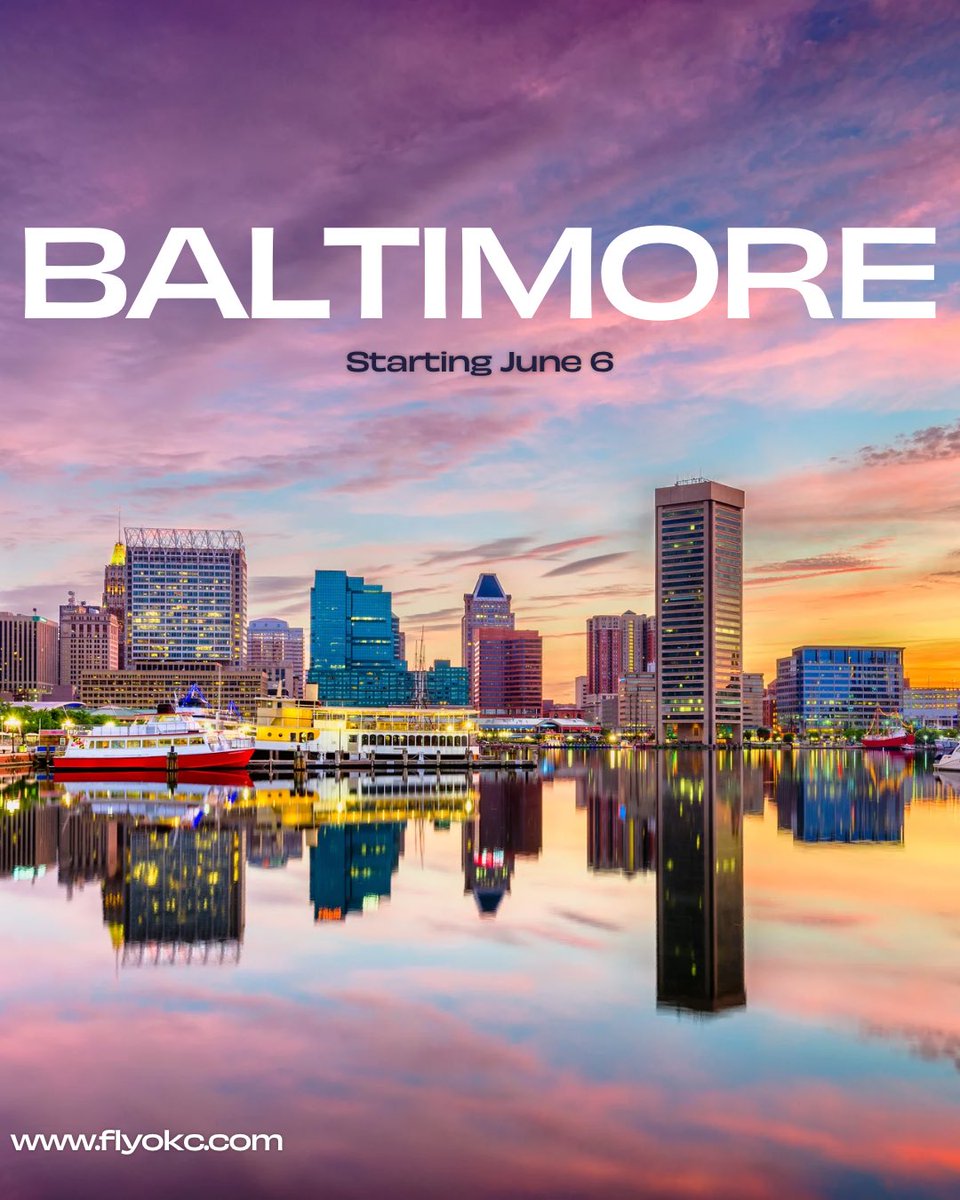 fly_okc's tweet photo. Now flying nonstop to Charm City ✈️

Direct, seasonal flights to BWI Thurgood Marshall Airport via Southwest Airlines  begin June 6th and run through August 1st. https://t.co/PqK6QxSFQS