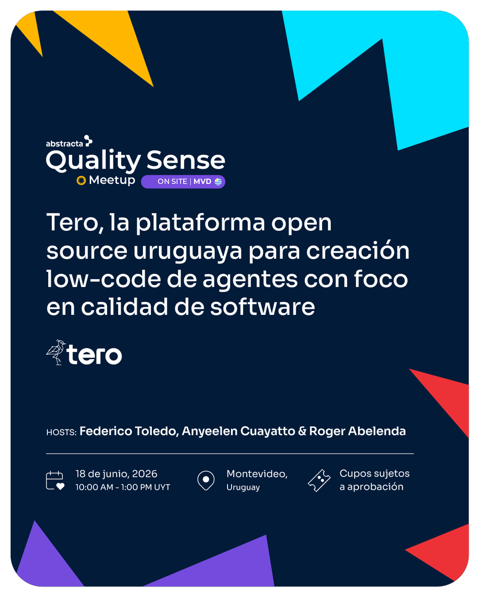 AbstractaLatam's tweet photo. En esta nueva #QSMeetups crearemos agentes de #IA con #Tero, el framework open source pensado para diseñar, compartir y ejecutar agentes con contexto y foco en calidad🚀
📍 Cubo Itaú Uruguay, Montevideo
📅 18.06 | 10:00 a 13:00 hs (UYT)
👉 Regístrate: https://t.co/Qj5R1EU7a5 https://t.co/SSu8uoO0nm