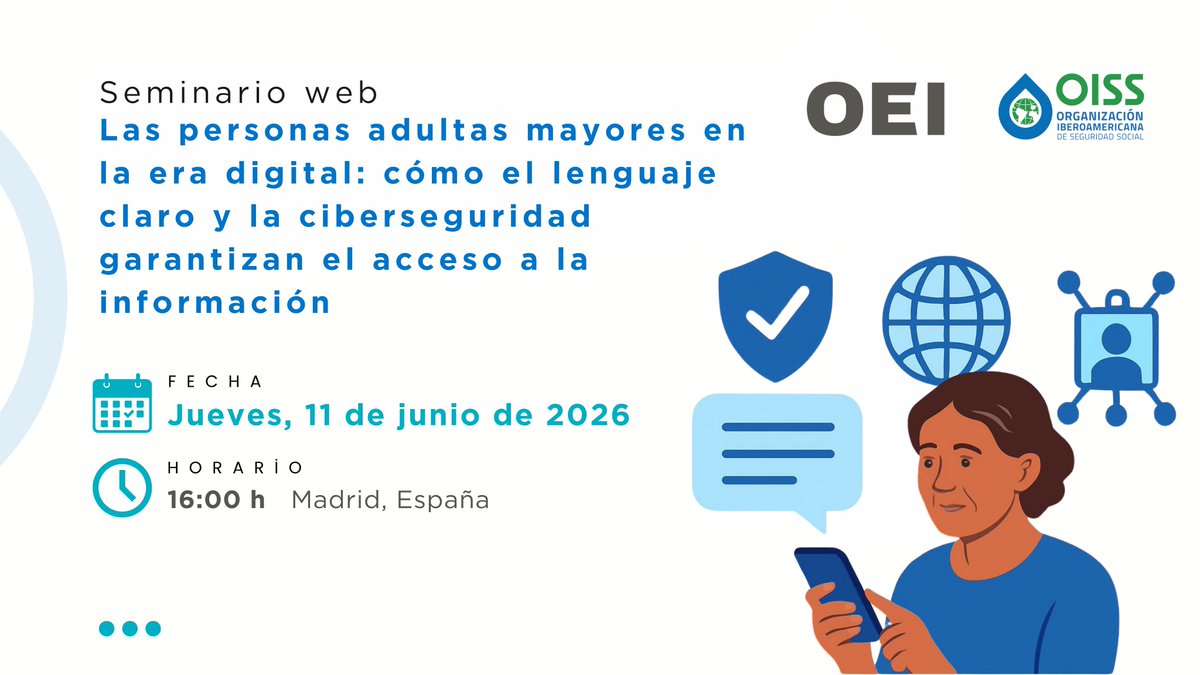 OEIMEX's tweet photo. 📱👵🏽 ¿Cómo construir entornos digitales más seguros e inclusivos para las personas adultas mayores?

Junto a la @OissSec, llevaremos a cabo este seminario web donde abarcaremos esta cuestión y  reflexionaremos sobre inclusión digital, accesibilidad cognitiva y protección frente a riesgos digitales para fortalecer la autonomía de las personas mayores. 💬✨

🗓️ 11 de junio de 2026
⏰ 08:00 h (CDMX)

📌 Inscríbete y construyamos una sociedad digital más accesible para todas las personas: https://t.co/dyT2JALXnZ