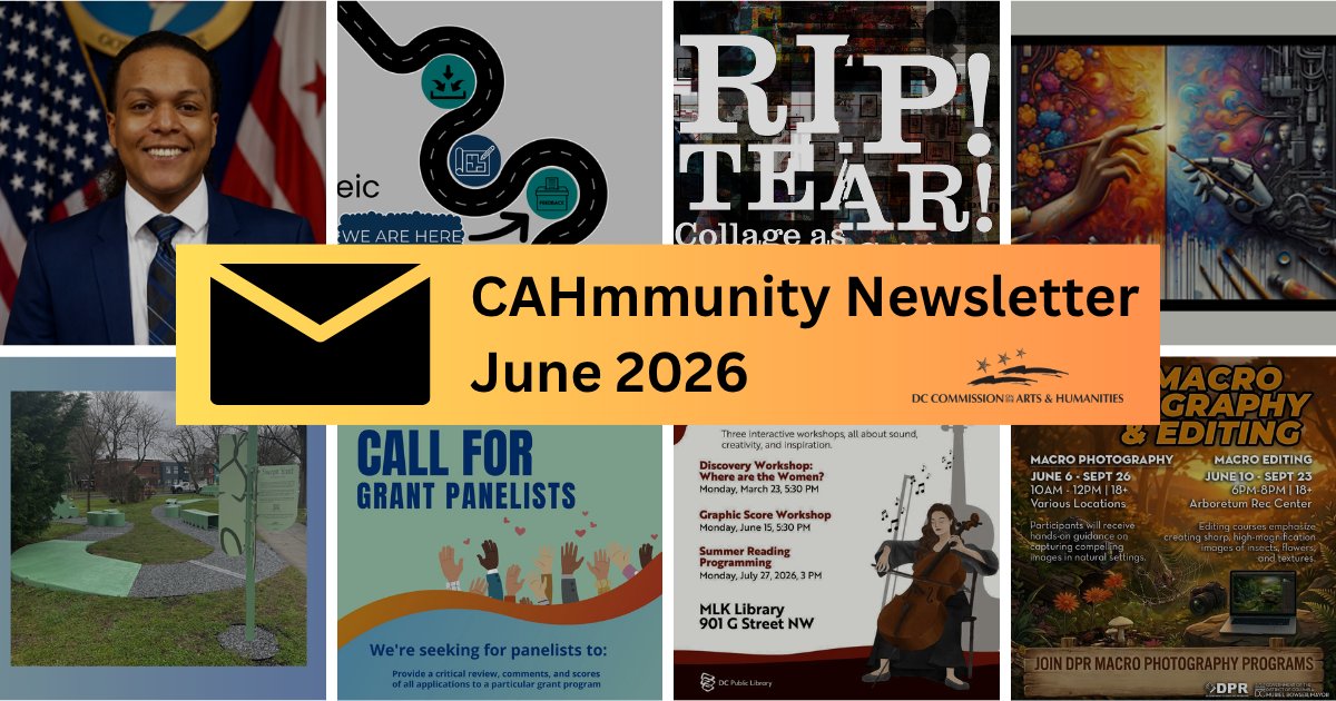 TheDCArts's tweet photo. Check out our June Newsletter!!

TABLE OF CONTENTS

Rip! Tear! Opening Reception
Call for GoGo Bands
Introducing Moises Del'Rosario
Strategic Planning Update
CAH Programs and Opportunities
And more!!

You can read it here: https://t.co/tvTM1FAiRS #DCArtists #DCArts https://t.co/9dFpZ22OFq