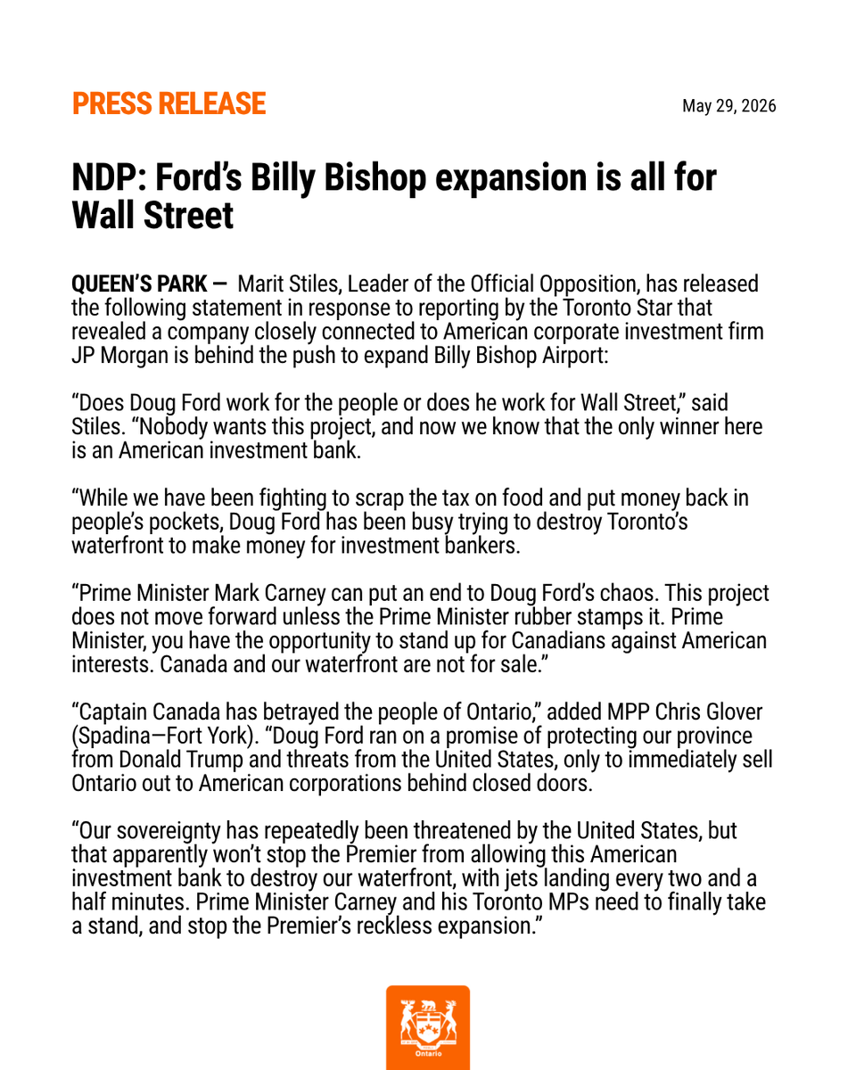 OntarioNDP's tweet photo. #NEW: NDP: Ford’s Billy Bishop expansion is all for Wall Street https://t.co/QRUN6aNP2I