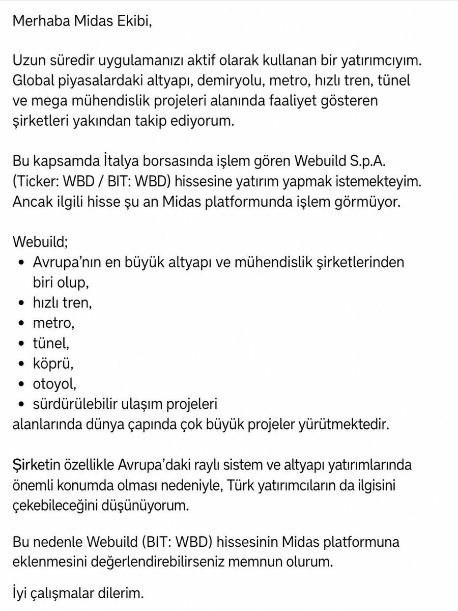 Tradersatoshii's tweet photo. @getmidas @midasarastirma Merhaba, Avrupa’nın büyük altyapı ve mühendislik şirketlerinden olan Webuild ($WBD / BIT: #WBD) hissesini platformda görmek isteriz. Şirket; hızlı tren, metro, tünel ve mega projelerle dünya çapında güçlü backlog’a sahip.  Midas’a ciddi değer katabilir. https://t.co/l4SErgsi8O