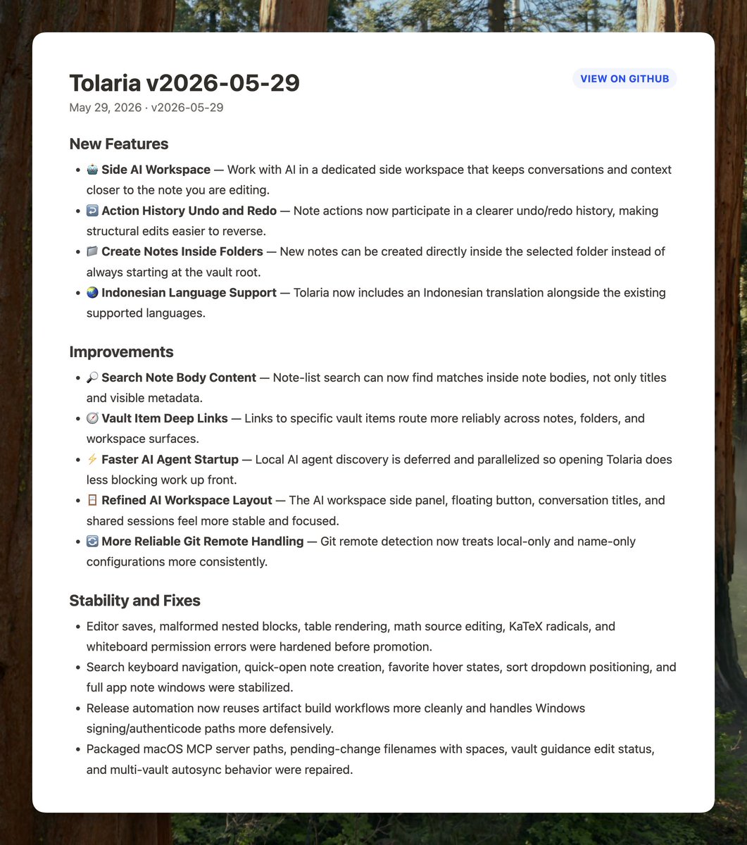 lucaronin's tweet photo. Big @tolariamd release for the weekend!💥

This brings big new features:

1) 🪄 Brand new AI panel — complete redesign, multiple chats, flexible layouts (make the AI "takeover" the editor, live together with property panel, etc), and chat commands (redo, fork, copy)

2) 🔗 Deep links! — open notes from the browser via URIs like tolaria://vault-slug/path/note.md — this way you can save notes to favorites, link them to colleagues (if you have a shared vault), and so on

3) 📂 Create notes directly inside folders — this improves the support to folders and was one of the most requested features ever

4) 🐛 Moar improvs! Better action history for undo/redo, faster startup, Indonesian translation, and the usual ton of bug fixes