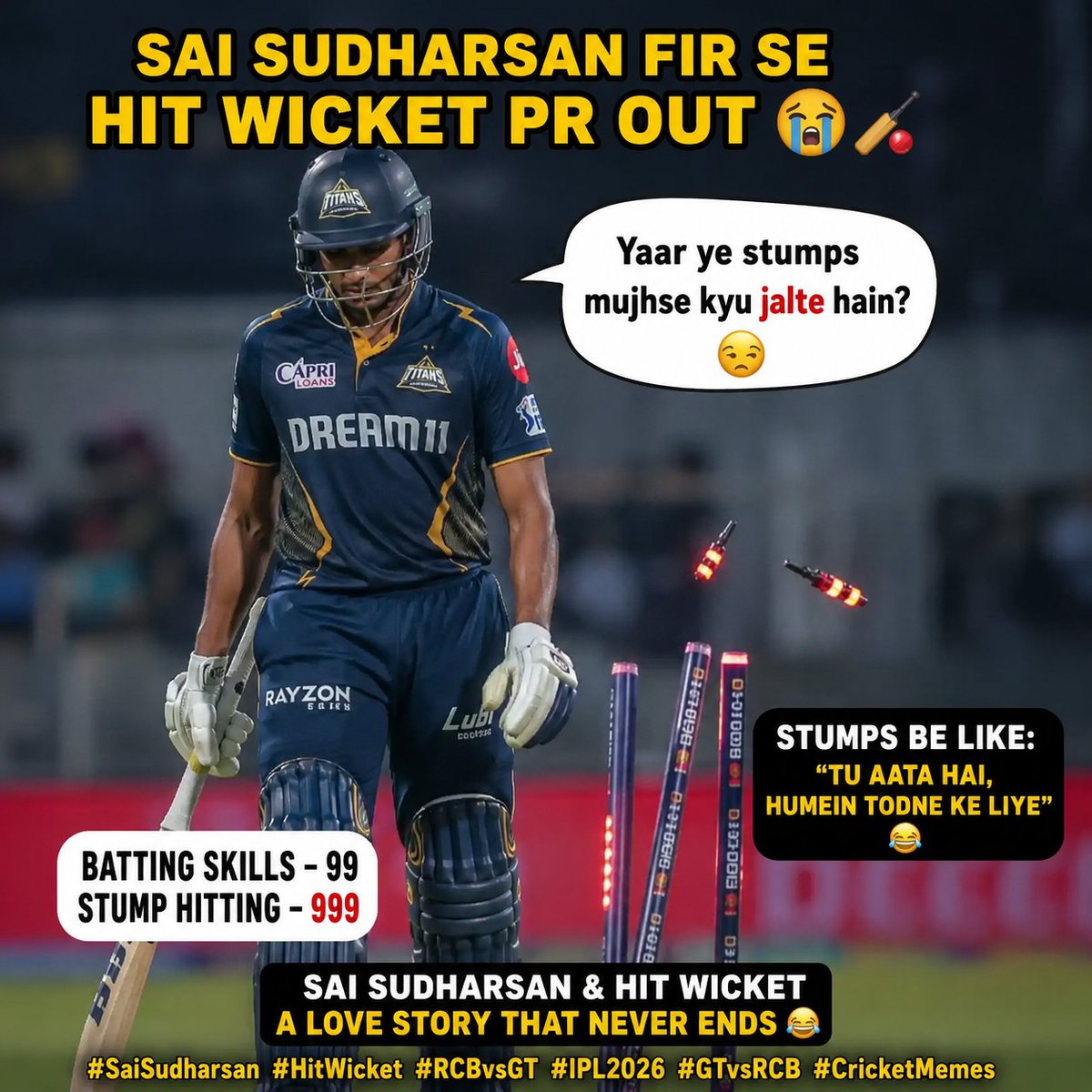 SL_Dewasi91's tweet photo. RRvsGT में सबको लगा राजस्थान जीत जाएगी…
फिर Shubman Gill ने एंट्री मारी और बोला —
स्क्रिप्ट अभी बाकी है मेरे दोस्त…
🔥
और उधर Sai Sudharsan फिर Hit Wicket होकर चला गया 😭
लगता है भाई का असली rivalry गेंदबाज़ों से नहीं, स्टंप्स से है 😂
अब Final में RCB vs GT 🍿

#RCBvsGT #GTvsRCB #ShubmanGill #SaiSudharsan