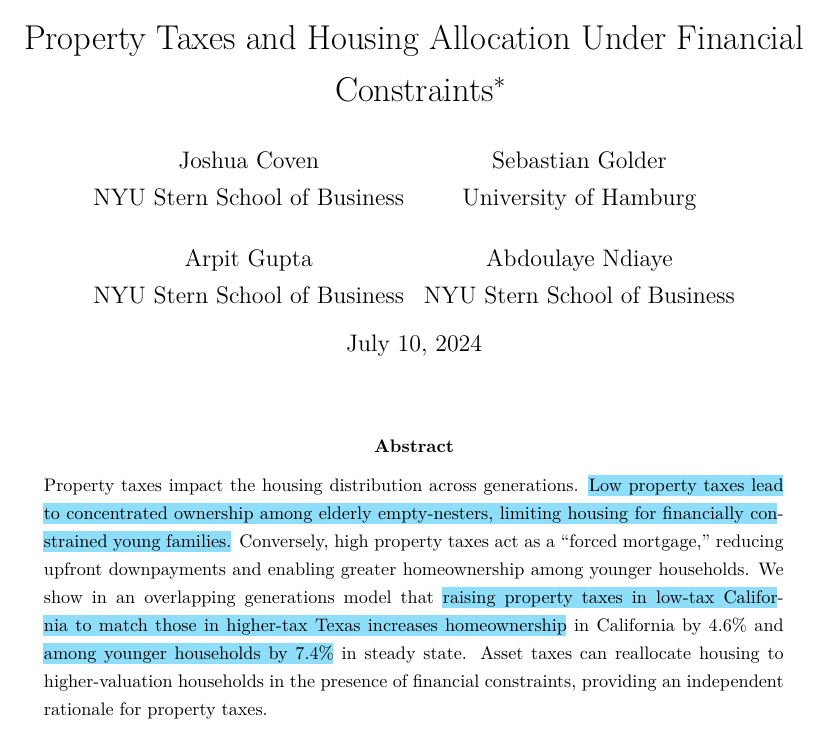 MoreBirths's tweet photo. A recent paper showed how eliminating property tax benefits seniors at the expense of young families.

The authors found "low property taxes lead to concentrated ownership among elderly empty-nesters... while young families instead occupy crowded housing quarters." 🧵! https://t.co/SE0u1ercJ2