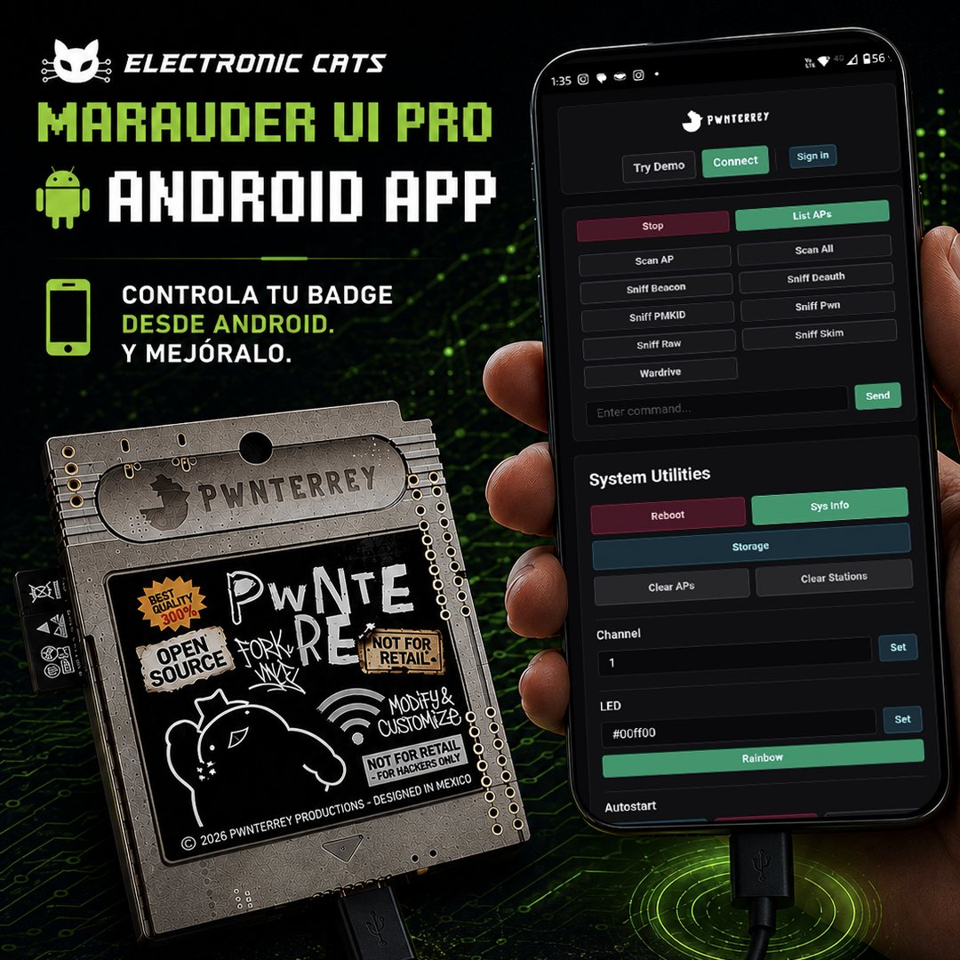 electronicats's tweet photo. 📱 Controla tu badge desde Android. Y mejóralo.

La app Android de Marauder UI Pro conecta tu teléfono al badge @pwnterrey  2026 por USB OTG — sin depender del navegador. GPS, NFC, wardriving, todo desde tu bolsillo.

👉 https://t.co/XeSlZ2Sfso

#Pwnterrey2026 #Android #OpenSource #OffSec #MobileSecurity
