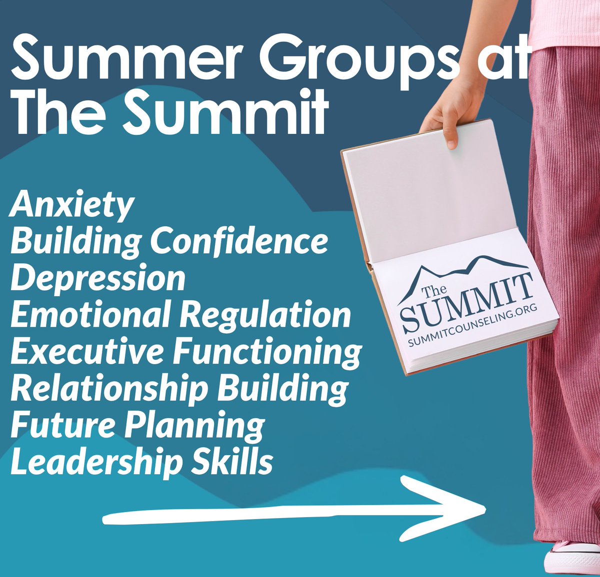 SummitCoCtr's tweet photo. Summer Groups at The Summit Counseling Center support students in developing emotional regulation, executive functioning, social connection, and confidence through therapist-led group experiences.

Now enrolling for summer sessions.
Learn more: https://t.co/XATZ7CAwma https://t.co/xdnaGgOcC7