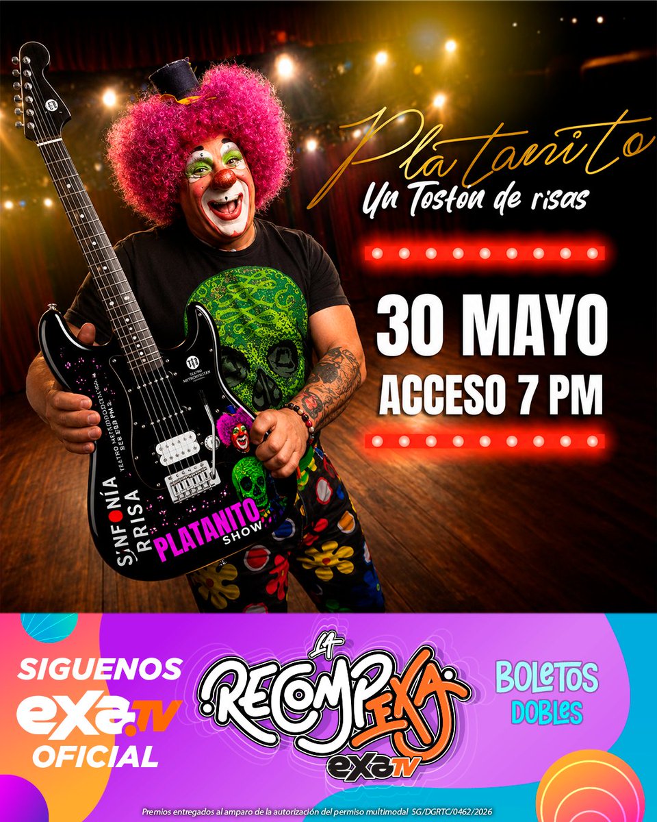 exatv's tweet photo. 🎸🤡 #LaRecompEXA — GANA LA GUITARRA EXCLUSIVA DE @platanitoshow 
🚨 ¡ATENCIÓN, FANS DE PLATANITO! 🚨

No sólo podrás verlo en vivo este 30 de mayo en el Auditorio Alfredo del Mazo Cd Neza... También podrías llevarte a casa una guitarra exclusiva autografiada y personalizada de Platanito Show. 🎸🔥🤡

Pero esta Recompexa es sólo para verdaderos fans del Platano🍌. 😎

💥 ¿Cómo participar?
1️⃣ Sigue en instagram a @exatv.oficial  y enteratre como participar