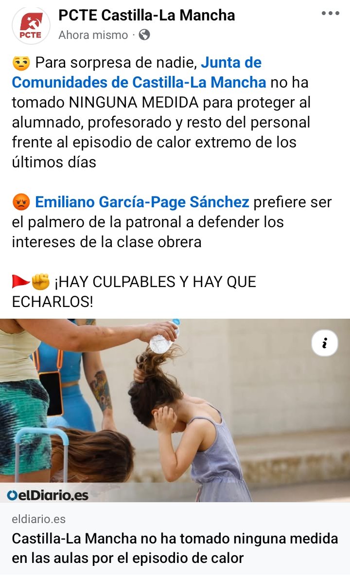 ClmPcte's tweet photo. 😒Para sorpresa de nadie, la Junta de #CastillaLaMancha no ha tomado NINGUNA MEDIDA para proteger al alumnado y profesorado frente al episodio de calor extremo

😡@garciapage prefiere ser el palmero de la patronal a defender a la clase obrera

🚩¡HAY CULPABLES Y HAY QUE ECHARLOS! https://t.co/KI5kYtyv6x