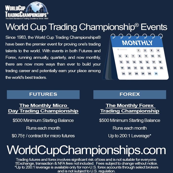WorldCupTraders's tweet photo. Monthly World Cup Trading Championship® Events 

https://t.co/7tU2g11S7X

 #futures #forex #daytrading https://t.co/bmQo8DYtSK