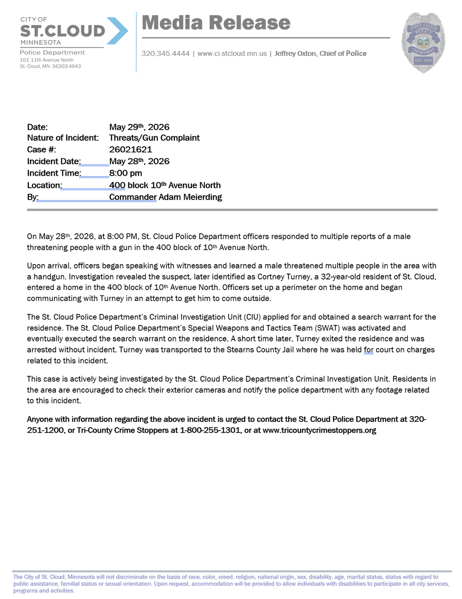 StCloudPDMN's tweet photo. Media Release - Threats/Gun Complaint https://t.co/HqsohwPSCH