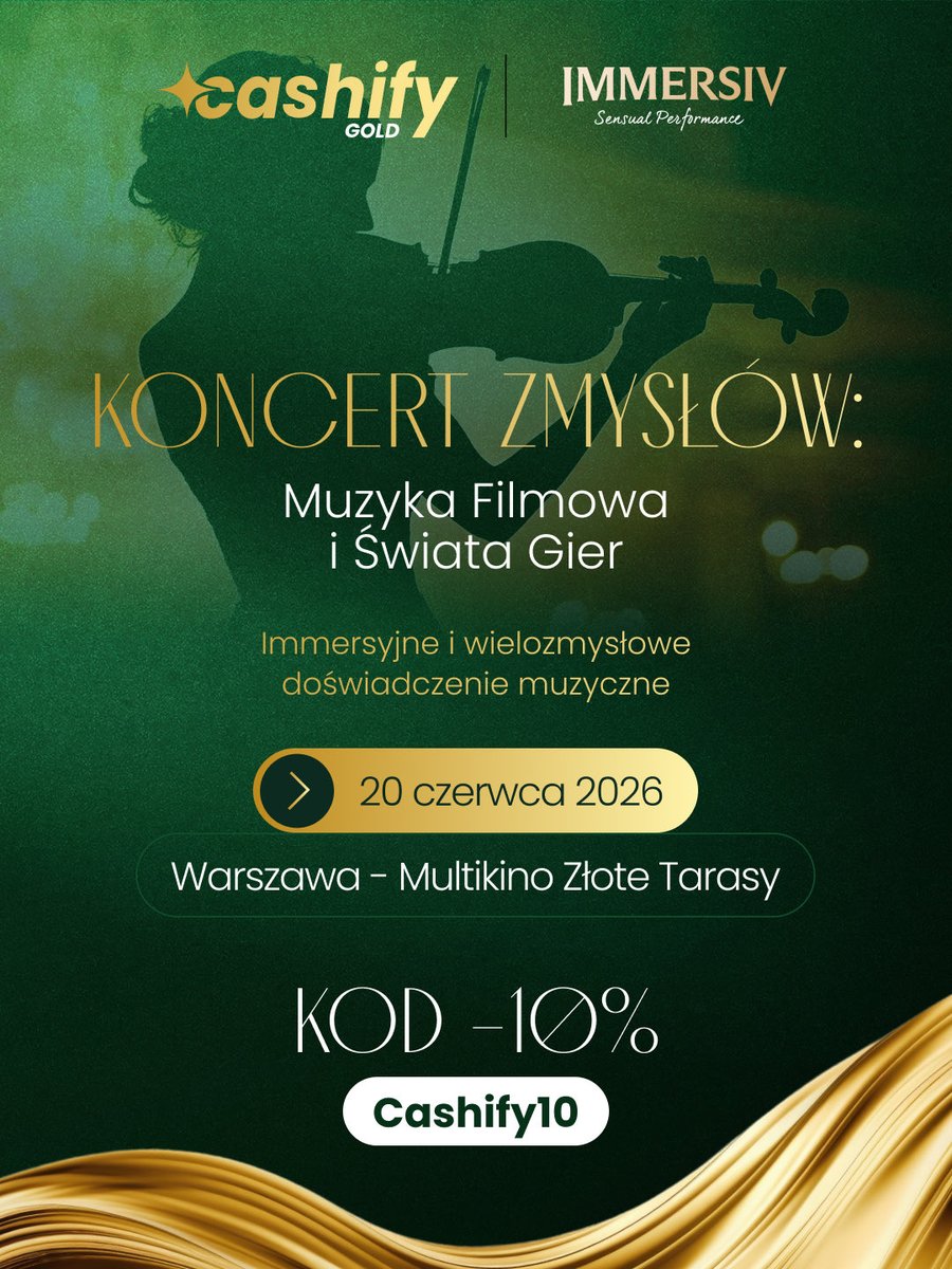 CashifyGold's tweet photo. Cashify Gold x Immersiv ✨

Właśnie zostaliśmy partnerem wyjątkowego wydarzenia - Koncertu Zmysłów. Immersiv to projekt łączący muzykę, sztukę i wielozmysłowe doświadczenie premium. Pierwsze koncerty startują już 20 czerwca w Złotych Tarasach, a z kodem CASHIFY10 obniżycie cenę biletów o 10%! 🎟️

Co przygotowali organizatorzy?
🎻 Muzyka Świata Gier (17:00) i Muzyka Filmowa (20:00)
🍸 networking VIP z open barem w Velvet Club
🤝 spotkania z artystami Akademii Muzycznej w Katowicach
🔒 limitowana ilość miejsc

🔗 Link do wydarzenia i zakupu biletów:
https://t.co/Ye2tRa5oQX
