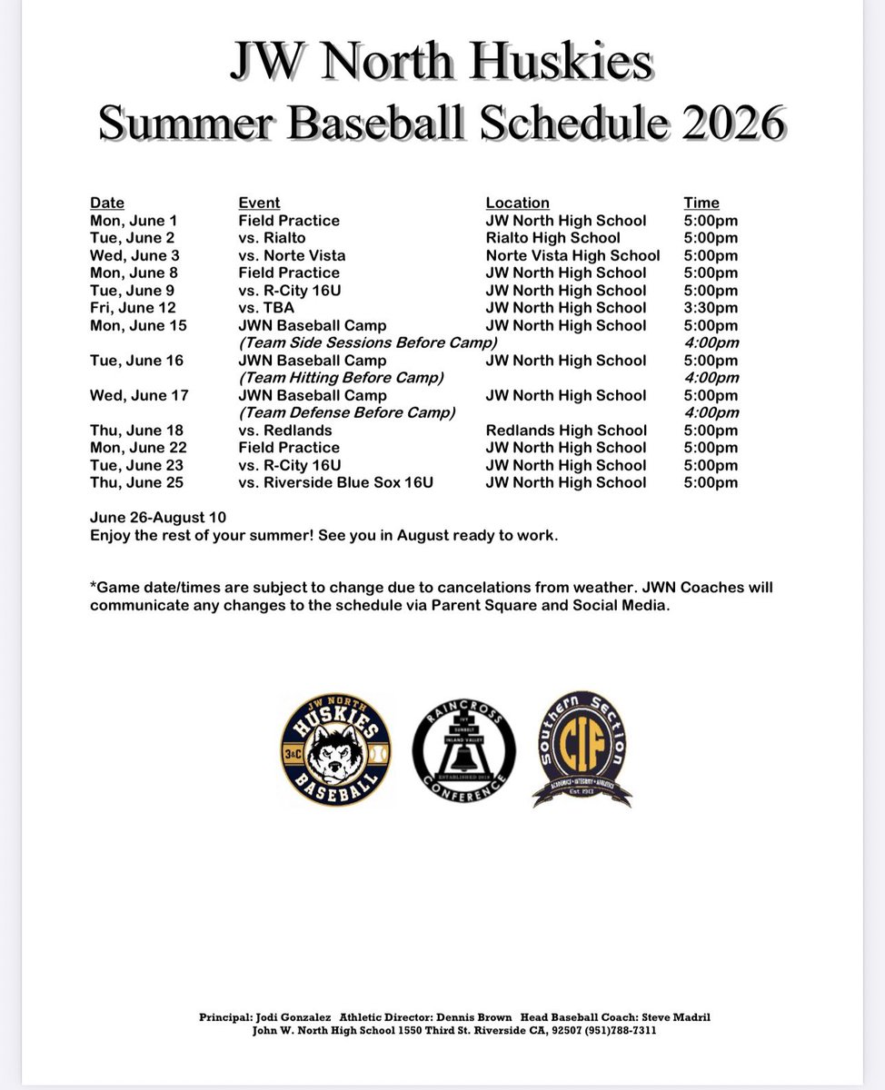 JWNBaseball951's tweet photo. JW North Baseball ‘26 Summer Schedule. The Huskies taking it back to the old IEBCA Summer League days. A nice slate of midweek games, Summer Camp and team workouts. @IE_Baseball_HQ @SteveMadril https://t.co/GteHoMyw14