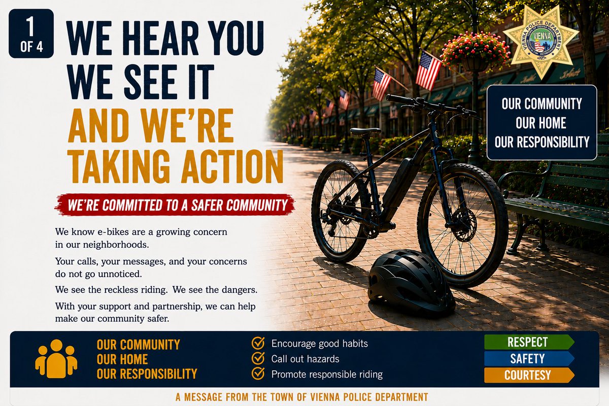 VPDVA's tweet photo. This post marks the start of our E-Bike Safety Awareness Campaign.

We have heard your concerns regarding unsafe and reckless e-bike riding in our community, and we want you to know those concerns are being taken seriously.

Through education, enforcement, and community partnership, we will continue working to promote safe and lawful riding throughout Vienna.

Follow along in the coming weeks as we share safety tips, Virginia traffic laws, nighttime visibility information, guidance for parents and riders, and more!

Together, we can help make our community safer.