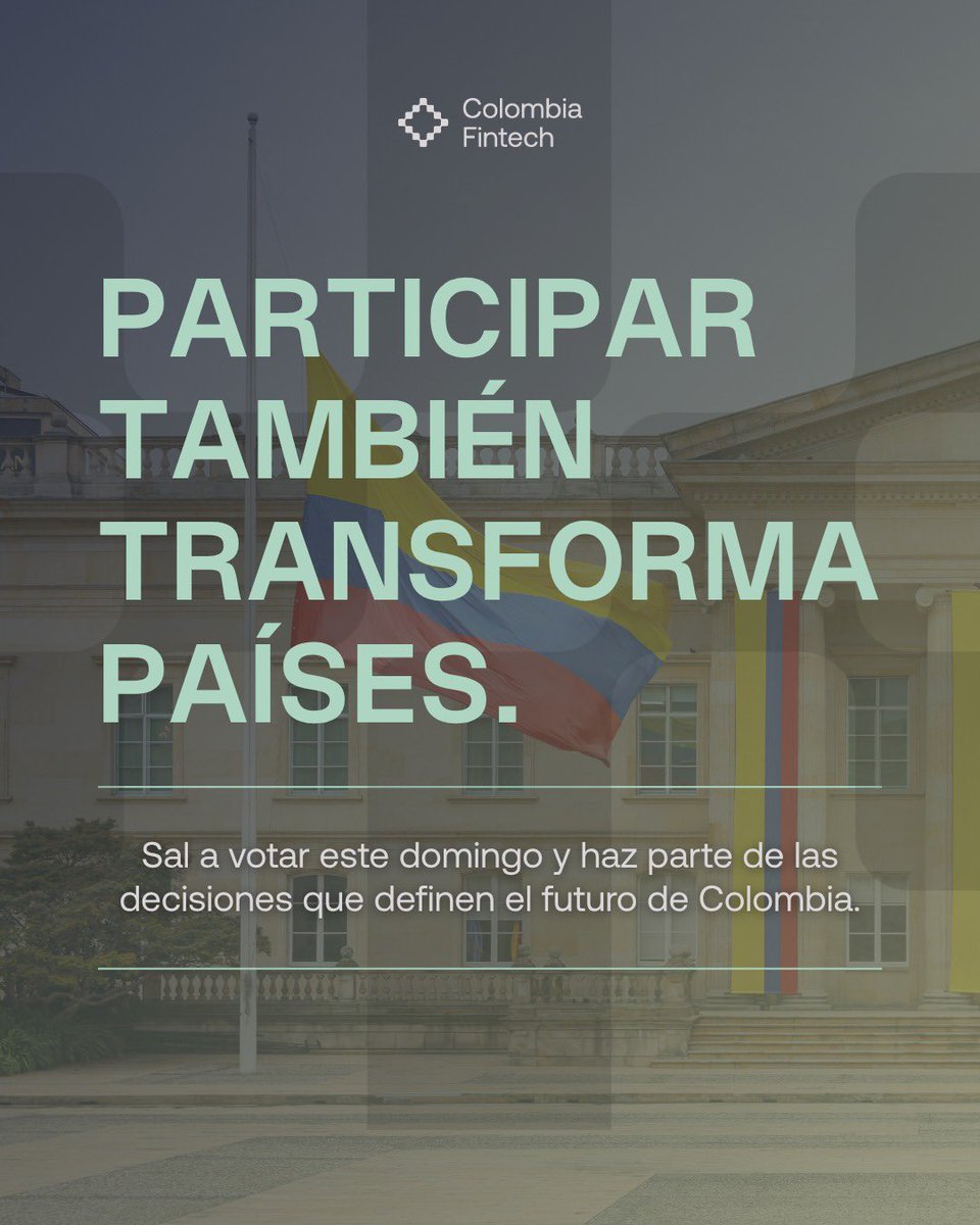 colombiafintech's tweet photo. Todos los días hablamos de transformación, inclusión financiera, innovación y futuro. Trabajamos para construir un ecosistema que genere más oportunidades para las personas y contribuya al desarrollo del país.

Pero ningún país avanza sin participación ciudadana. La democracia se fortalece cuando las personas se involucran, participan y hacen escuchar su voz.

En Colombia Fintech creemos en una Colombia que se construye entre todos.

Este domingo, sal a votar y haz parte de las decisiones que definen el futuro del país. 🇨🇴