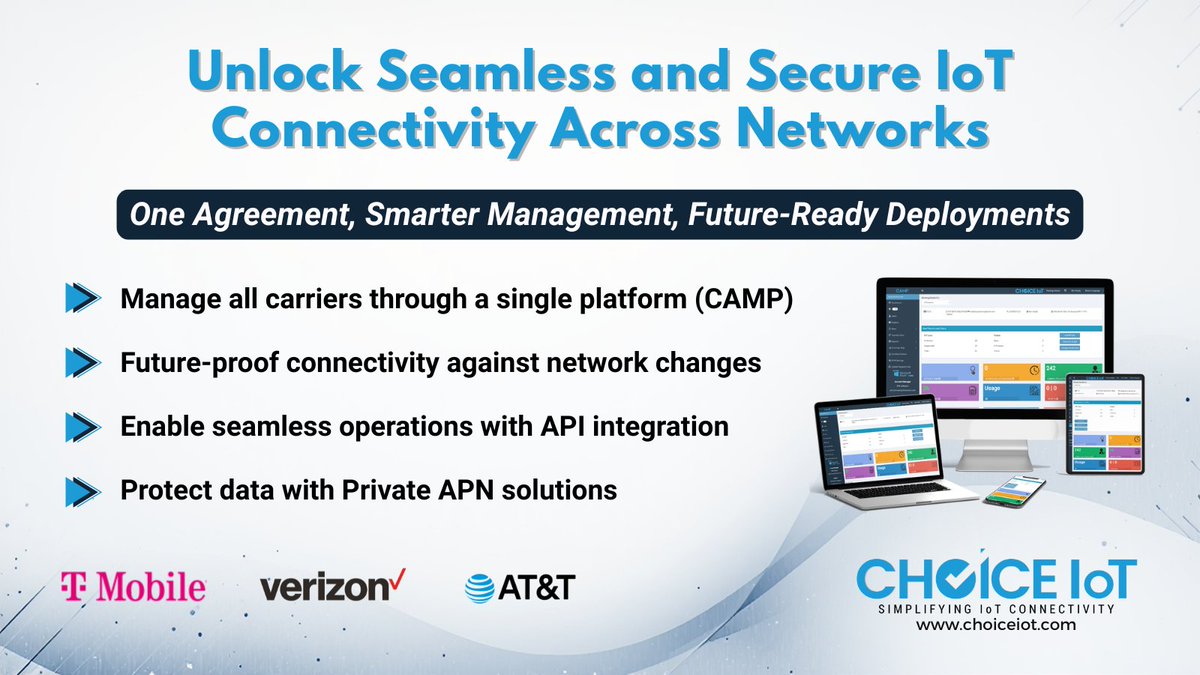 ChoiceIoT's tweet photo. @ChoiceIoT delivers secure, seamless IoT connectivity across networks with centralized management, API integration, and private APN support.
Learn more at https://t.co/aokNbazZHN
#IoT #iotdata #5G #iotsim #tmobile #verizon #att #choiceiot https://t.co/TrjeqSSDkL