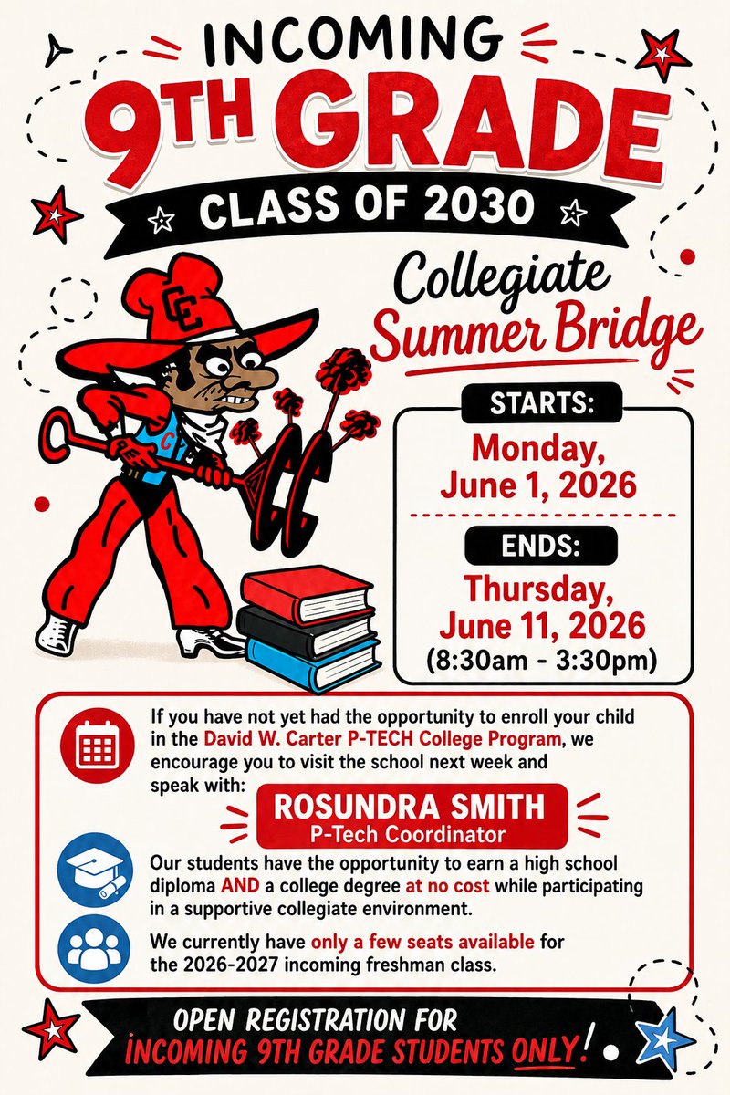 DWCarterHS's tweet photo. Summer Bridge is for accepted Collegiate Freshmen only. However, if you are interested in our program its not too late. 

Want your incoming freshman to receive a full ride to college?

Contact Rosundra Smith, P-TECH Coordinator, at rosusmith@dallasisd.org https://t.co/hLXTchiQXz