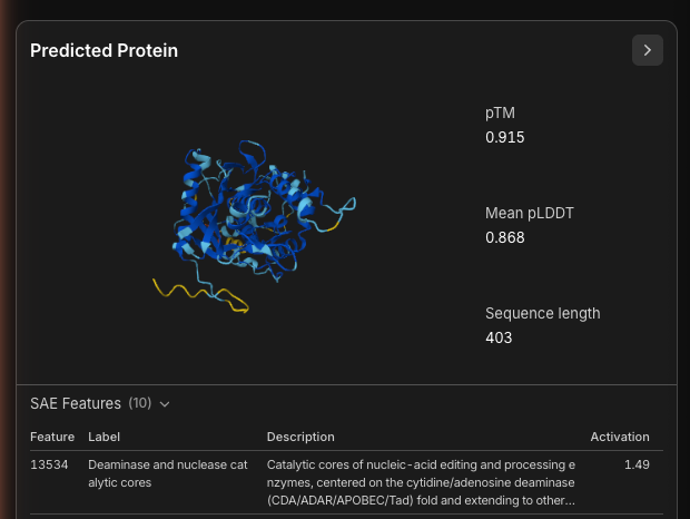 RyoYbioinfo's tweet photo. spent the morning poking @biohub's ESMC SAE atlas, really slick UI! ran ADAR1/2/3 and the deaminase feature fires identically on all three. surprised that deaminase feature even exists! super cool https://t.co/NFjEswMUUj