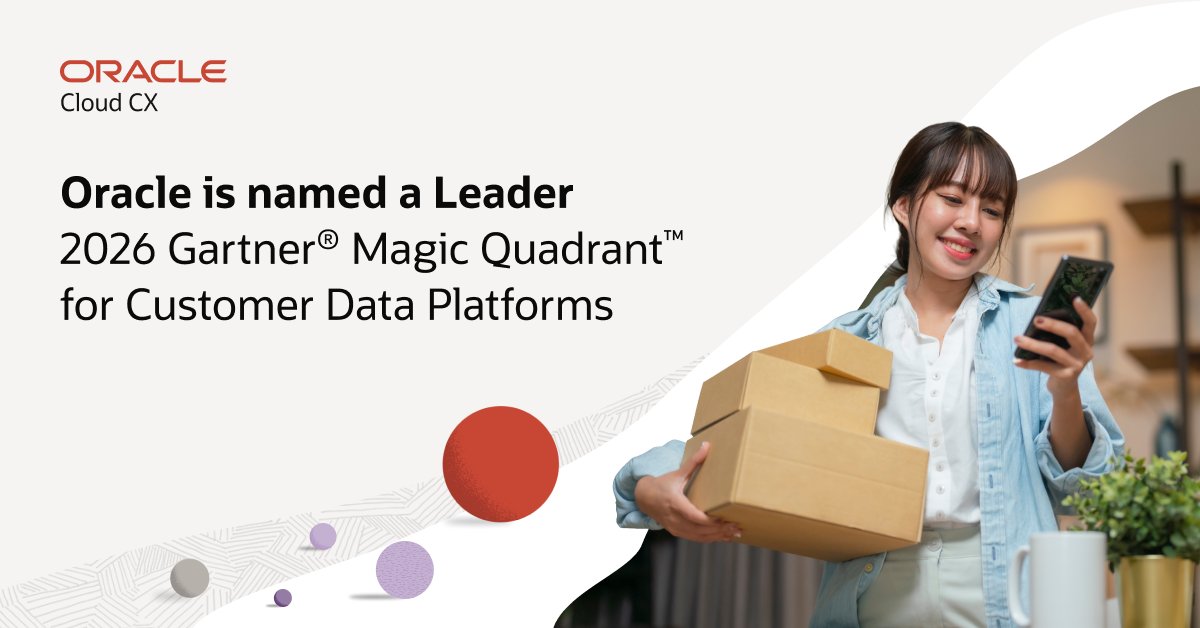 ChristianMezB's tweet photo. Oracle can help your organization unify customer data to expand revenue opportunities and has recently been recognized as a Leader in the 2026 Gartner® Magic Quadrant™ for Customer Data Platforms: https://t.co/YMHwtxCPBI https://t.co/o5LSm7W9Gk