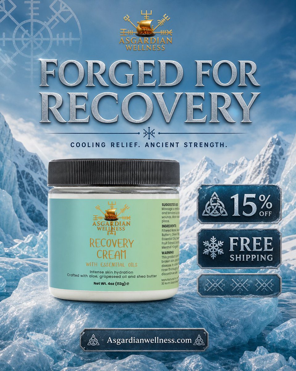 AsgardianWell's tweet photo. ❄️ FORGED FOR RECOVERY (Recovery Cream)
Cooling relief for the weary warrior. 🏔️🛡️

Even the strongest warriors need time to heal. After a day of conquest, give your muscles the recovery they deserve with our Advanced Recovery Cream. Infused with aloe, grapeseed oil, and shea butter, it provides intense hydration and cooling relief to keep you in the fight. ⚔️❄️

Don’t let soreness hold you back from your next victory. Heal like a legend. 🦅🔥

✨ RECOVERY SECRETS:
✅ Intense Skin & Muscle Hydration
✅ Soothing Cooling Effect
✅ All-Natural Ingredients (Aloe & Shea Butter)
✅ Non-Greasy, Fast-Acting Formula

🎁 LIMITED TIME DEAL:
⚡ 15% OFF your entire order!
🚢 FREE SHIPPING included!

🔗 GET YOURS AT THE LINK IN OUR BIO!
🛒 Shop: https://t.co/bNzLP6eHjh

#AsgardianWellness #RecoveryCream #WarriorSkincare #MuscleRelief #PostWorkout #VikingBrand #NaturalHealing #ModernWarrior #SkincareForMen #AthleticRecovery #CoolingRelief #VikingStyle #ConquerYourDay