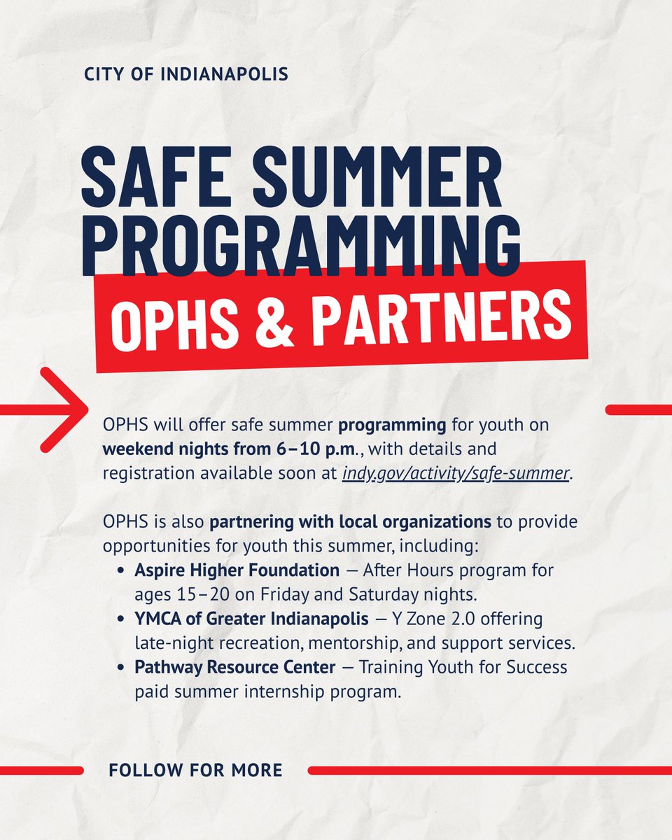 IndyOPHS's tweet photo. Indianapolis is gearing up for a safe, active, and empowering summer for youth!

As schools are out of session and kids get ready to enjoy their summer break, the City of Indianapolis and its partners want parents and guardians to know about the resources available to support the young people in their lives this summer.

From weekly summer programs and camps to late-night safe spaces and summer jobs, there are many opportunities for young people to stay engaged, supported, and connected this summer.

For more information, visit: https://t.co/VLTGKSvrGn.

#SafeSummer #Indianapolis #YouthPrograms