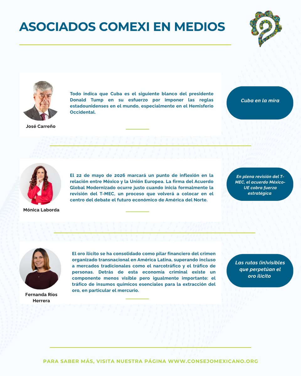 COMEXI's tweet photo. Las y los #AsociadosCOMEXI analizan:

🇨🇺 Cuba y la presión de Washington
🇪🇺 La relación estratégica entre México y la UE
⚒️ Oro ilícito, mercurio y crimen organizado
🤖 IA, empleo y regulación tecnológica
⚽ Mundial 2026 y cooperación regional

Más en: https://t.co/0SeCTbBhMJ https://t.co/rU1OkcNTPn
