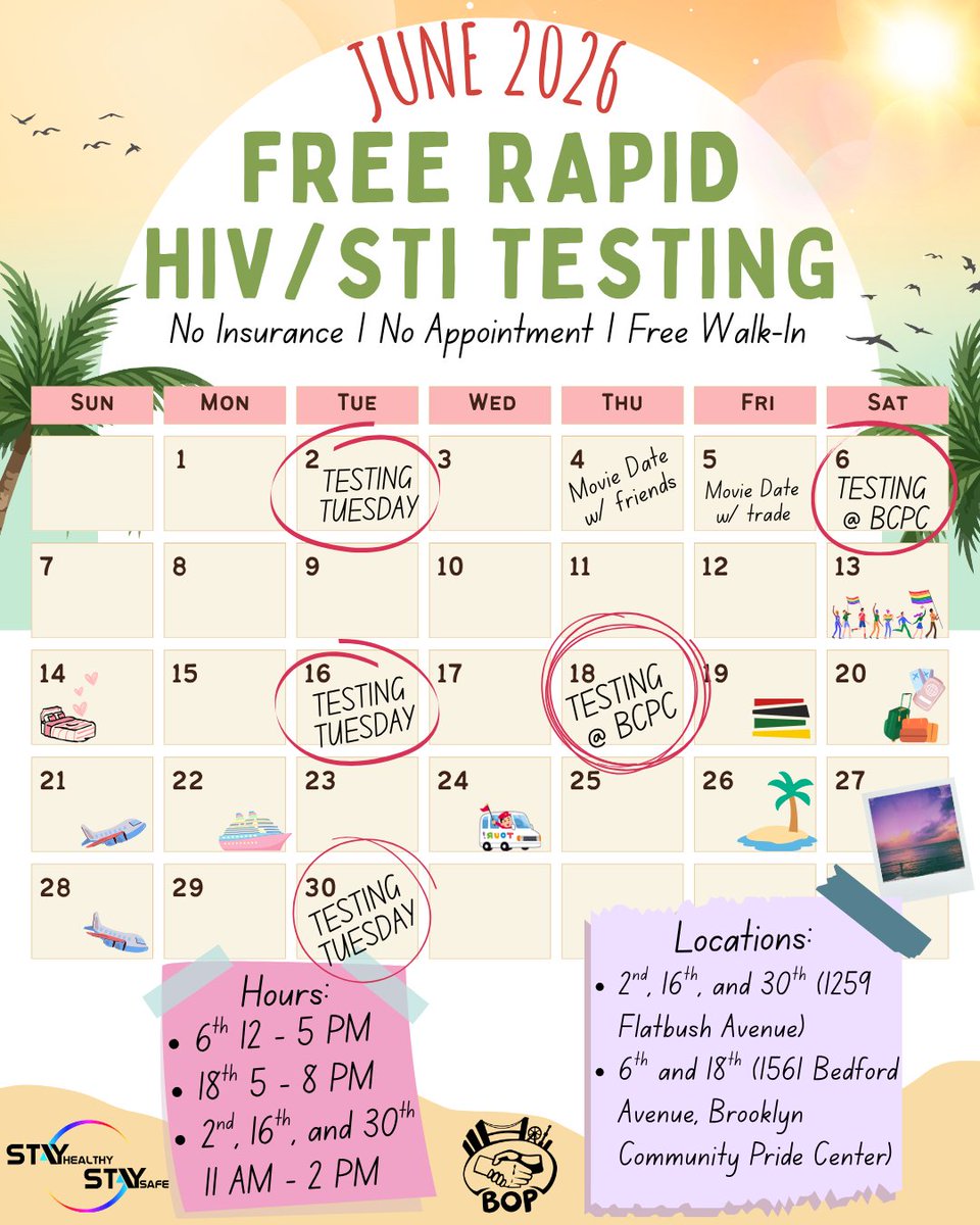 bopcamba's tweet photo. Hope you're relaxing and enjoying the weather as we shift into summer😎☀️🔆🏖️

@projectstay_nyc and BOP have got you covered this season. Mark your calendars and add our FREE Rapid HIV/STI Testing days of this month to your plans. FREE Walk-In, No Insurance or appointment needed. https://t.co/a8UaChxX0h