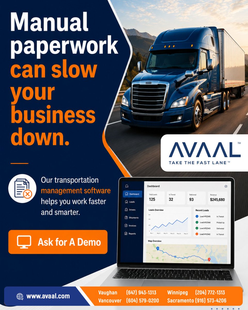 avaaltech's tweet photo. Manual paperwork can slow your business down.

Ask for a demo today!

🌐 https://t.co/aSieUSmma5

#TransportationManagement #TruckingSoftware #FleetManagement #LogisticsSolutions #DispatchSoftware #TransportationIndustry #TruckingBusiness #FleetOperations #BusinessAutomation https://t.co/TU5xfYkffd