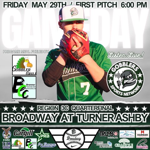 BwayBaseballVA's tweet photo. 💪💪Fill The Stands with GREEN 🟢🟢🟢

Region 3C Quarter Final
       👇👇👇
📆 Friday, May 29
🕐 First Pitch 6:00pm
🆚 Turner Ashby
🏟️  Ray Heatwole Field
🌡️ 81° ☀️ 
🎟️ Ya’ll Come!
📻 https://t.co/sCvzp63amD
📈 https://t.co/uUE4PWzGrz…

#ForTheTown #LaceUp https://t.co/cgwo2g6eOP