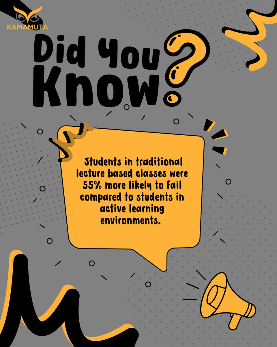 KamamutaG's tweet photo. Twitter / X:

A major 2014 meta analysis of 225 studies found students in traditional lecture based classrooms were 55% more likely to fail than students in active learning environments.

The future of learning is interactive.

#GameBasedLearning #EdTech #KamamutaGames https://t.co/SFJBbuS0aG