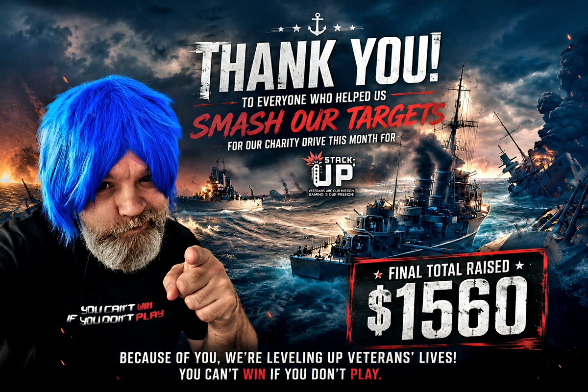 Jimbo_The_Grey's tweet photo. Greylings… we did it. And then some!

When we started this month's @StackUpDotOrg charity drive, our goal was $1,200.

Not only did this incredible community reach that target, you smashed straight through it and helped raise an amazing $1,560 for Stack Up!

Every donation, every share, every lurk, every word of encouragement, and every bit of support helped make this possible. What started as a fundraising goal became a community achievement that we can all be proud of.

Stack Up does incredible work supporting veterans through the power of gaming and community, and thanks to all of you, we can make a real difference to the lives of some of those who need it most.

To everyone who donated, cheered us on, joined the streams, took part in the chaos, the laughs, the giveaways, and even encouraged me into a wig and dress stream... thank you. 😄

This achievement belongs to every single one of you.

I'm incredibly proud of what the Greylings have accomplished together this month, and it once again proves what an amazing, generous, and supportive community we've built.

From the bottom of my heart, thank you for helping us raise $1,560 for Stack Up.💙
 
#greylingsunite #worldofwarships #StackUp  #TwitchPartner