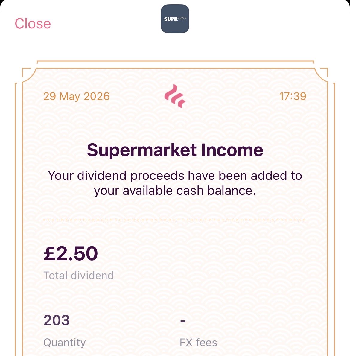 TheIncomeMaker's tweet photo. I’m liking Friday!
Third dividend of the day! 💷👍🏻
A little bit of #SUPR income 🛒 https://t.co/9e1JGP96iF