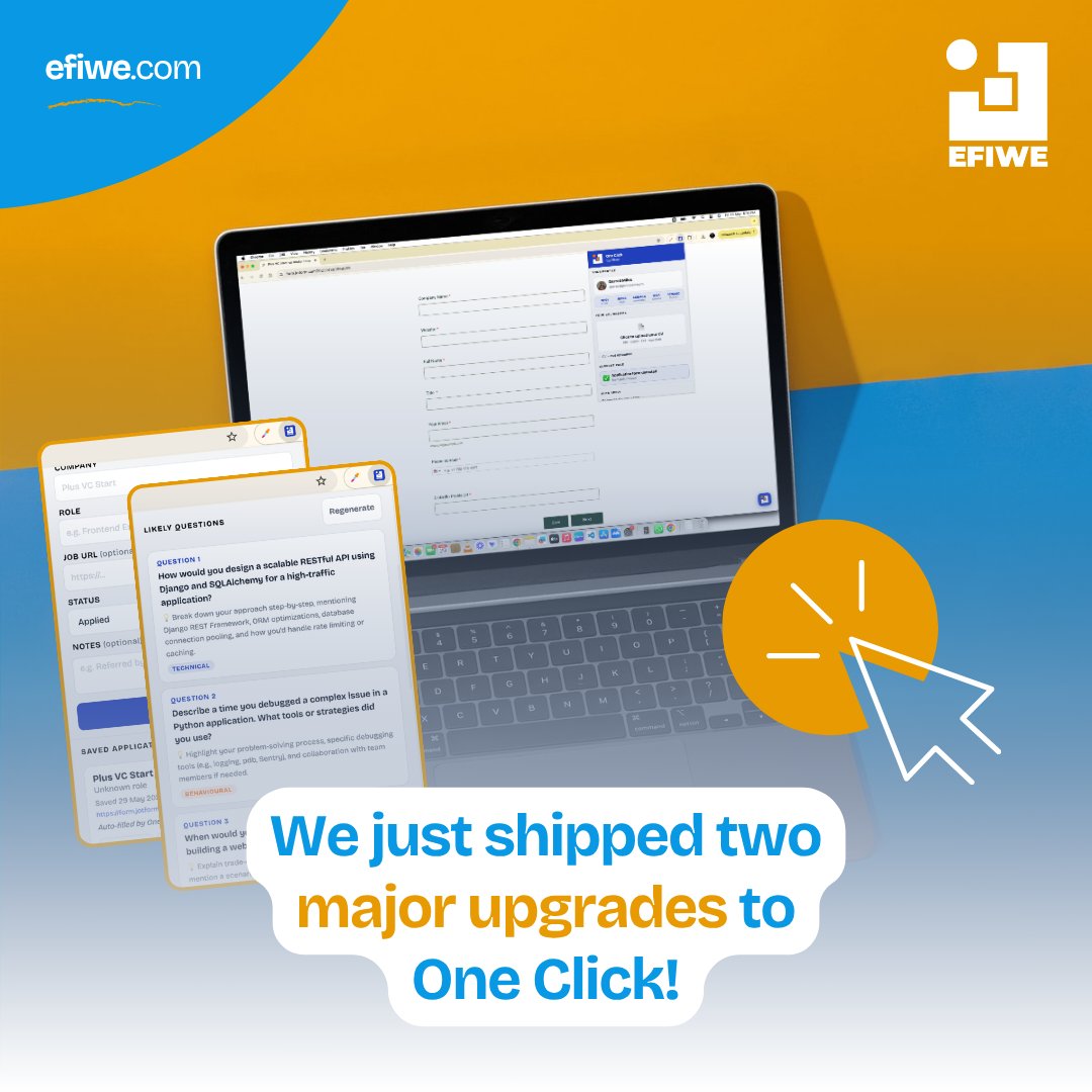WithEfiwe's tweet photo. Excited to share what we've been building at Efiwe!

We just shipped two major upgrades to One Click, our free AI Chrome extension that auto-fills job applications.

Learn more: https://t.co/jnznhNzLLR

Get One Click: https://t.co/0S7z0jCjIK

#Efiwe #OneClick #TechCareerTools https://t.co/2plWiihT6F