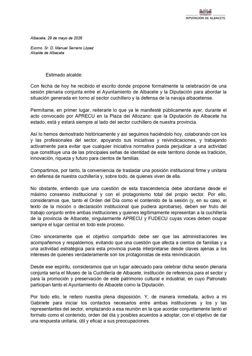 dipualba's tweet photo. #Dipualba reafirma su apoyo al sector cuchillero

Defendemos una respuesta unitaria, construida con @Aprecu y con protagonismo total de l@s profesionales del sector

Lo importante no es quién lidera la defensa de la cuchillería, sino defenderla siempre.

🌐https://t.co/cw28m0N7LN https://t.co/VcrJezj8gk