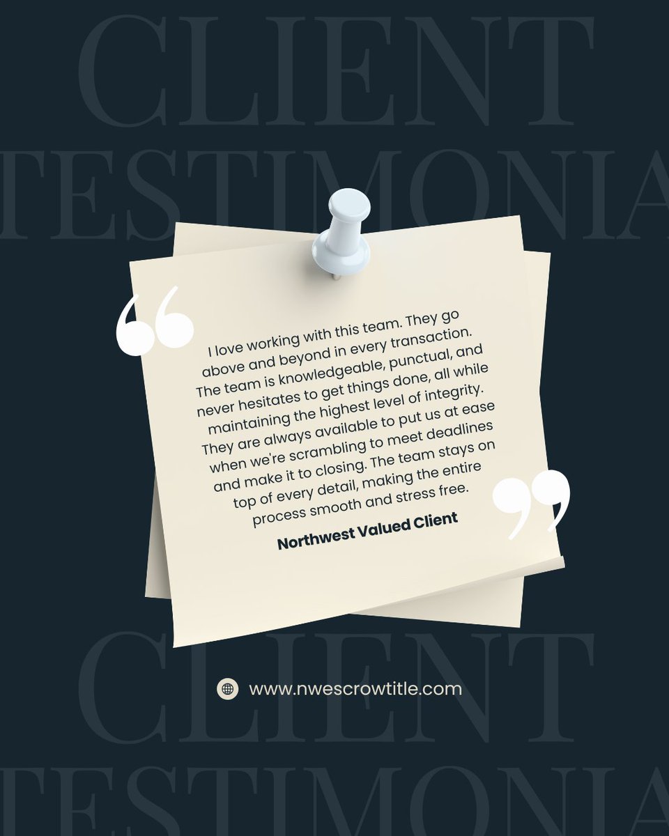 Northwestescrow's tweet photo. We're honored to be part of our clients' real estate journey.

Thank you for your trust and for sharing your experience with our team. Helping clients close with confidence is what we do best.

Looking for an escrow and title partner you can count on? We'd love to help. https://t.co/7Ub5VeCkPg