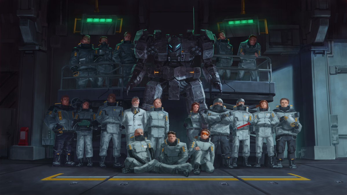blargman92's tweet photo. New promo art for my main project Ideal Bastion showcasing the robotics division team of the faction "M.A.G.N.U.M." 

The man standing in the suit is Irving Ulysses; a WW1 veteran who is also the founder of the faction itself and creator of the mech NOMAD here. https://t.co/hJaFmaTpq3