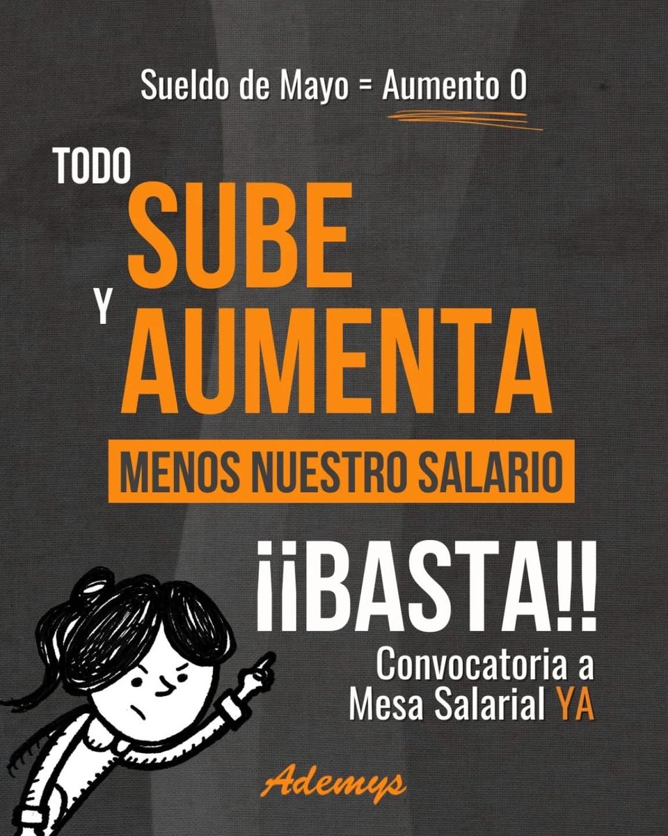 AdemysPrensa's tweet photo. Mañana, sábado 30, el Gobierno de Jorge Macri depositará los salarios de la docencia. Cuando vayamos al cajero o entremos a la página para ver nuestros recibos, pese a que todo SUBE y AUMENTA encontraremos la misma suma que se liquidó para el mes anterior. Es así, aumento CERO. 
Sumado a que sabemos que junio se viene con aumentos en colectivos 4,6%, subte 4,6%, agua 3%, internet 4,5% y podemos seguir con el listado... que padecemos a diario y que nos obliga a la sobreexplotación laboral para intentar llegar a fin de mes.
Mientras Jorge Macri gasta millones de pesos en operativos policiales atacando al pueblo trabajador, como vimos con la llamada “Tormenta Negra” en una clara alusión a una
persecución racista y clasista golpeando a los sectores más vulnerables de la sociedad, deja caer el ajuste sobre los salarios de los y las docentes, el personal de salud y de estatales.

Desde Ademys exigimos:
 ◾URGENTE convocatoria a Mesa
salarial 
◾Salario por cargo igual a la canasta familiar que
sea de $2400000

✊¡Organicemos en cada lugar de trabajo la pelea por el salario y nuestras condiciones de vida!

‼️Plata hay, que vaya a Salario y Educación