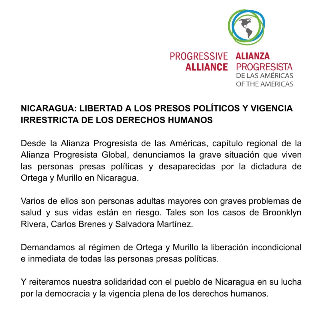 APLAProgresista's tweet photo. 🚨URGENTE 🚨 
Exigimos la inmediata libertad de las personas presas políticas por el régimen de Ortega y Murillo.
La vigencia de los derechos humanos no puede estar sujeta a un régimen dinástico y anti democrático.
La comunidad internacional debe actuar. https://t.co/S8ObVuxXee
