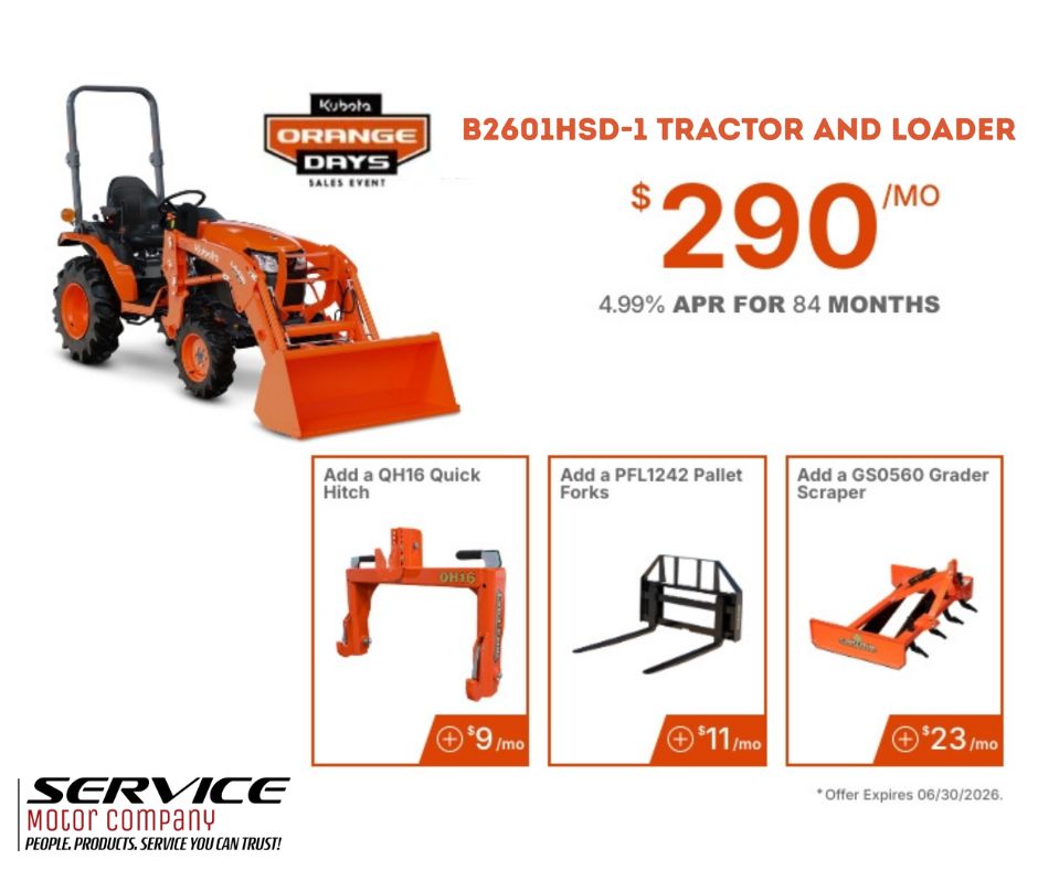 ServiceMotorCo's tweet photo. Jump behind a B2601HSD-1 for your summer projects. With this affordable package, you can add on attachments that will help keep your work load light and your days bright. 

Get this deal now as it's only available until June 30th, 2026.  
https://t.co/LkBYKRxBcv https://t.co/LNcN8IgNpA
