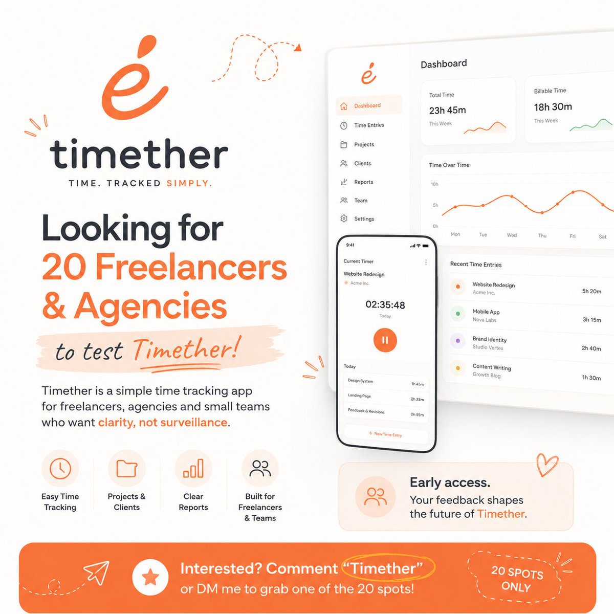 sdglhm's tweet photo. I’m looking for 20 freelancers or small agencies to test Timether.

Timether is a simple time-tracking app I’ve been building for freelancers, agencies, and small teams who want to track work without making it feel like surveillance.

It’s currently in beta, and I’d love honest feedback from people who actually track client work, projects, retainers, or billable hours.

You’ll get early access, and your feedback will directly shape the product before the public launch.

Best fit if you are:

A freelancer working with multiple clients
A small agency or studio
A consultant billing by time
A remote team that needs lightweight time tracking

Follow @sdglhm and drop me a DM.