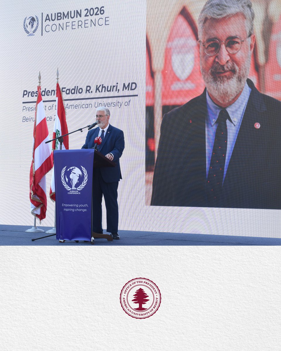 POAUB's tweet photo. "The future will be written by those who are willing to think clearly, speak responsibly, and act with integrity. In that sense, what you are doing here matters far more than you may realize."
Dr. Fadlo R. Khuri at the 9th Annual AUB Model United Nations Conference https://t.co/kHPWDyUmo2